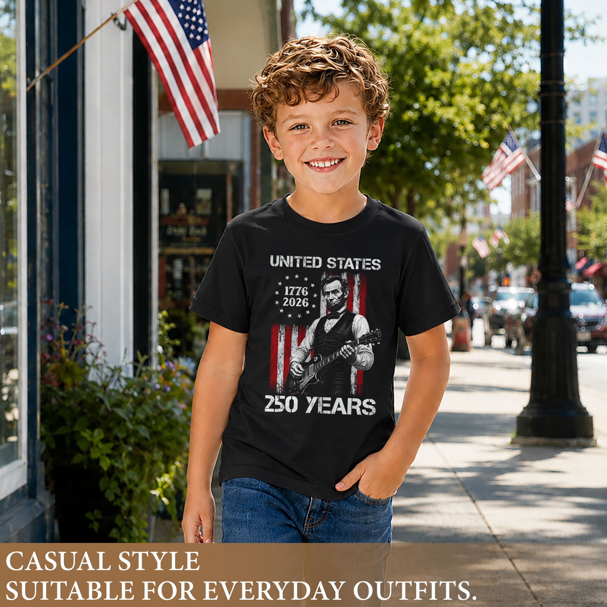 T-Shirt Kid Stars 1776-2026 America 250 Years Abraham Lincoln Guitar Boys Girls Tee