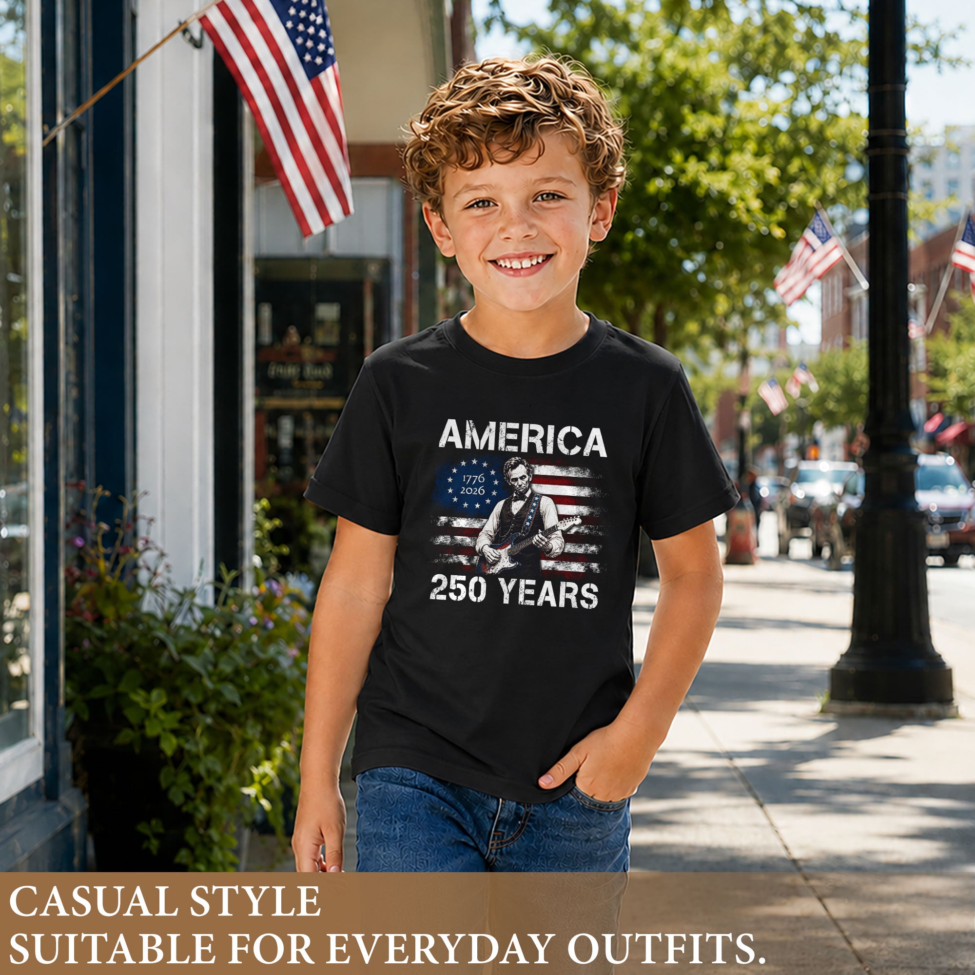 Kids America 250 Years T-Shirt 1776–2026 Lincoln Guitar Patriotic Youth Tee