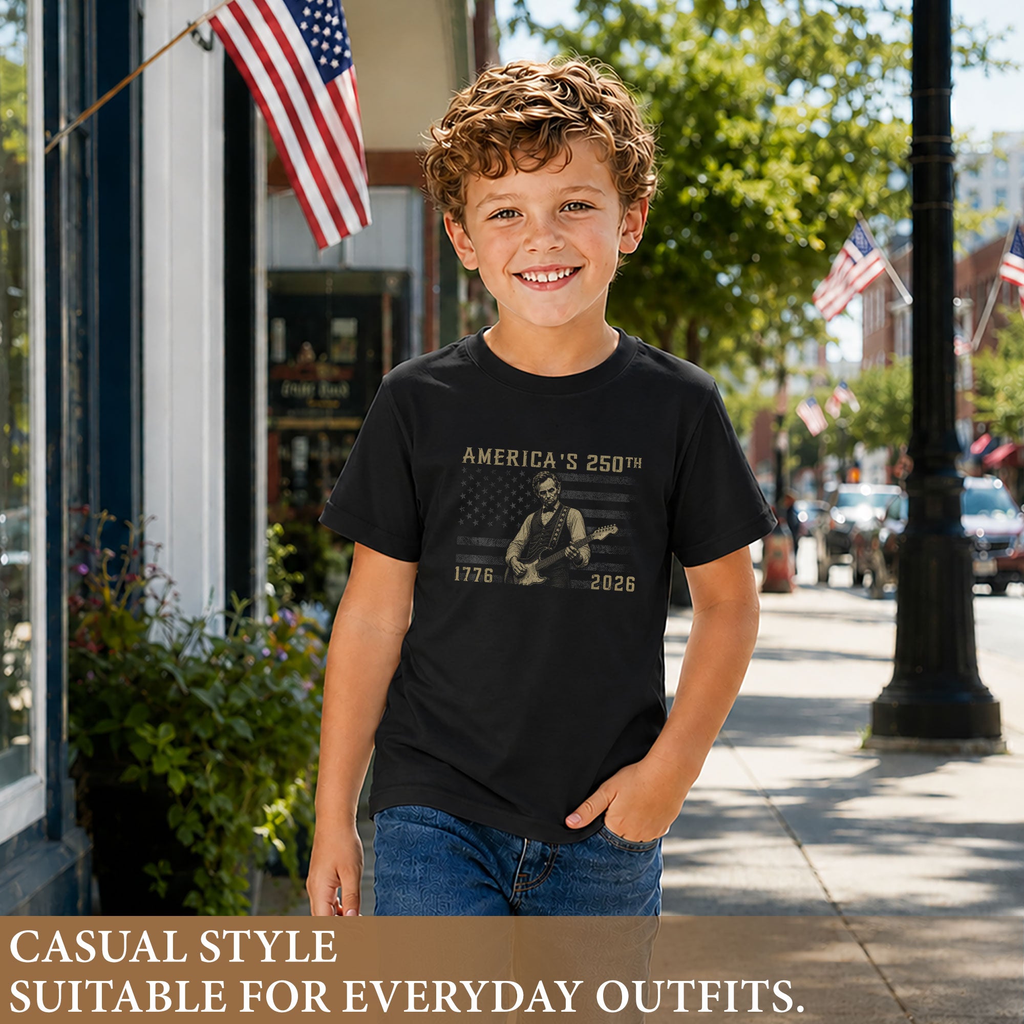 Kids America's 250th T-Shirt 1776–2026 Lincoln Guitar Patriotic Youth Graphic Tee