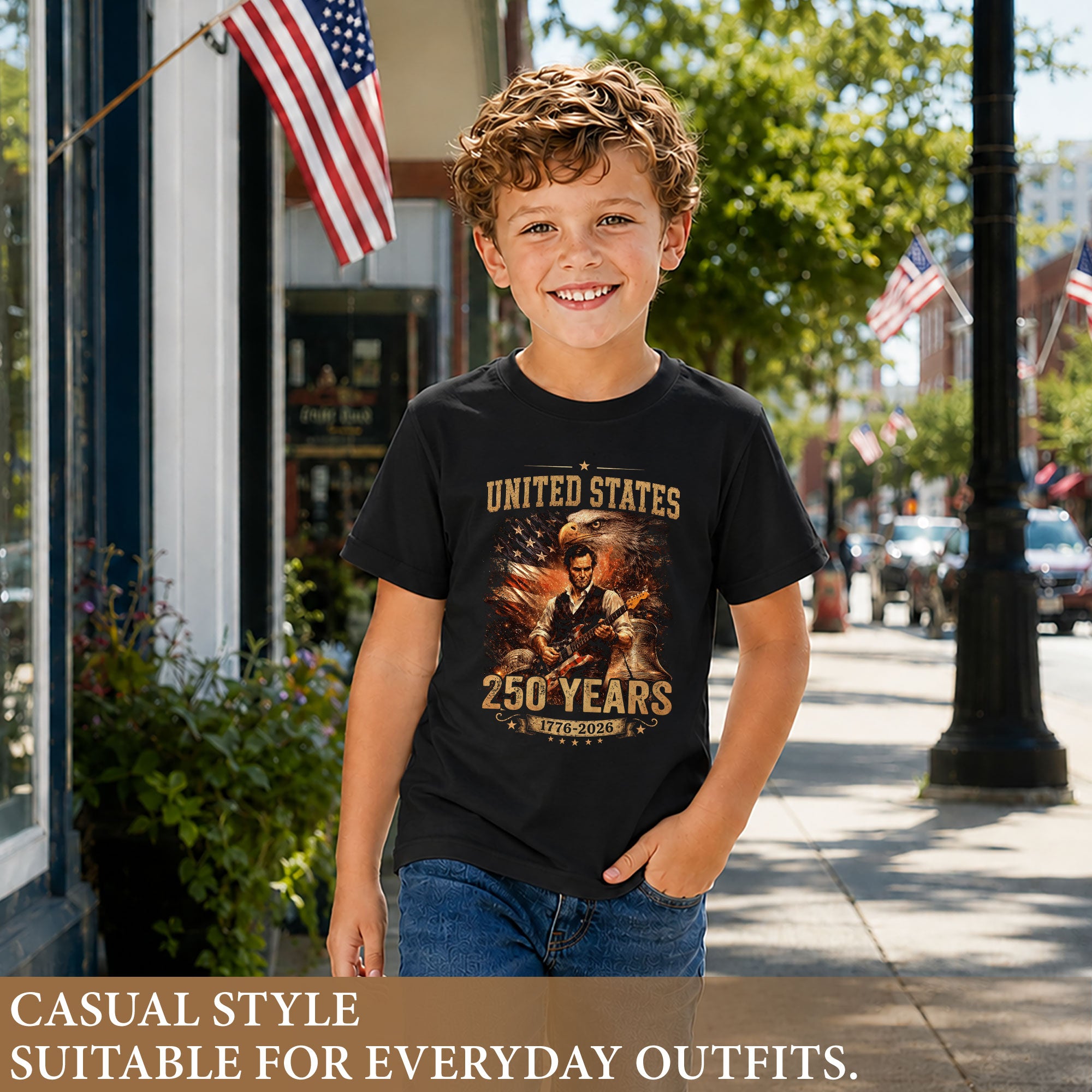 Kids America 250 Years T-Shirt 1776–2026 Lincoln Eagle Patriotic Youth Graphic Tee