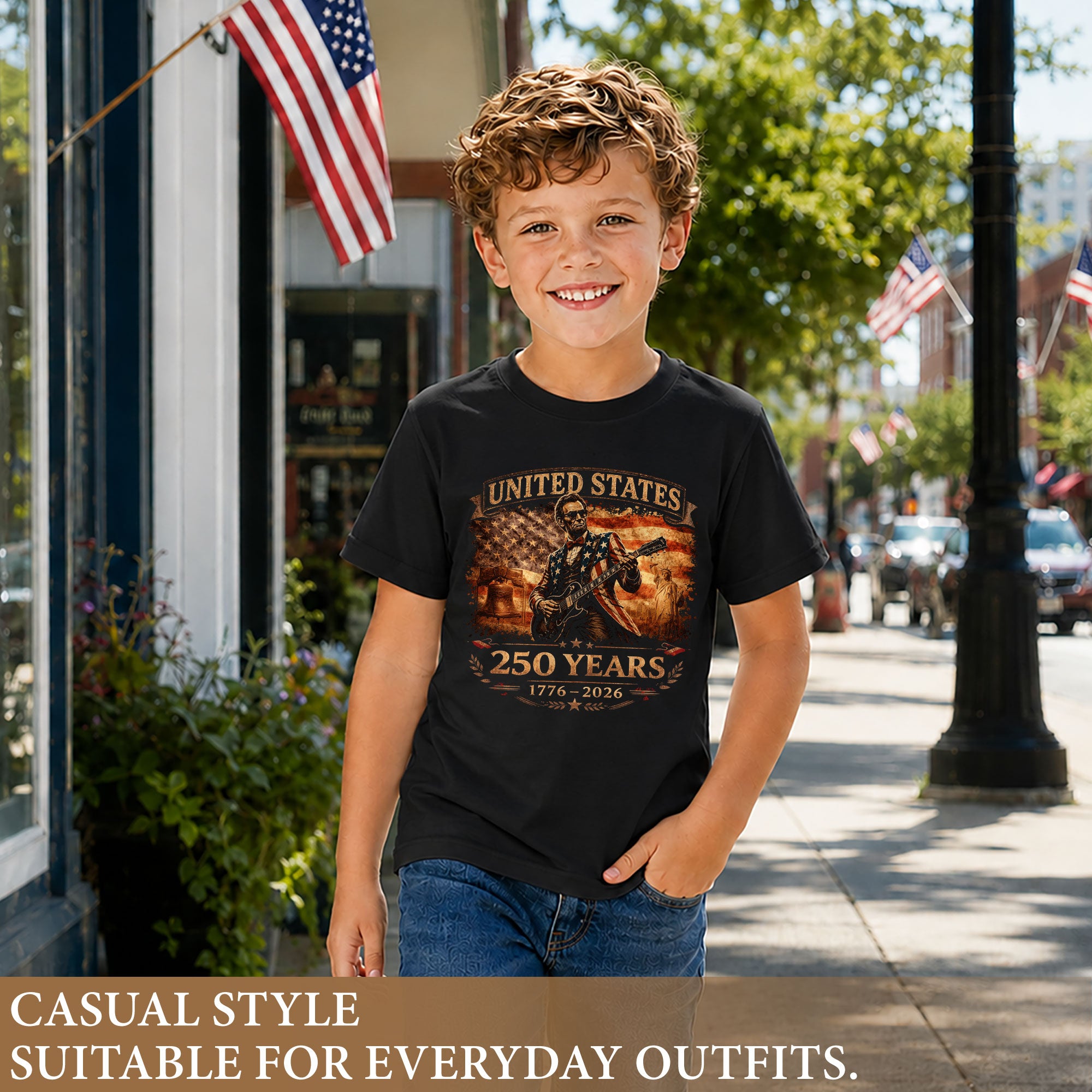 Kids America 250 Years T-Shirt 1776–2026 Lincoln Guitar Patriotic Youth Graphic Tee