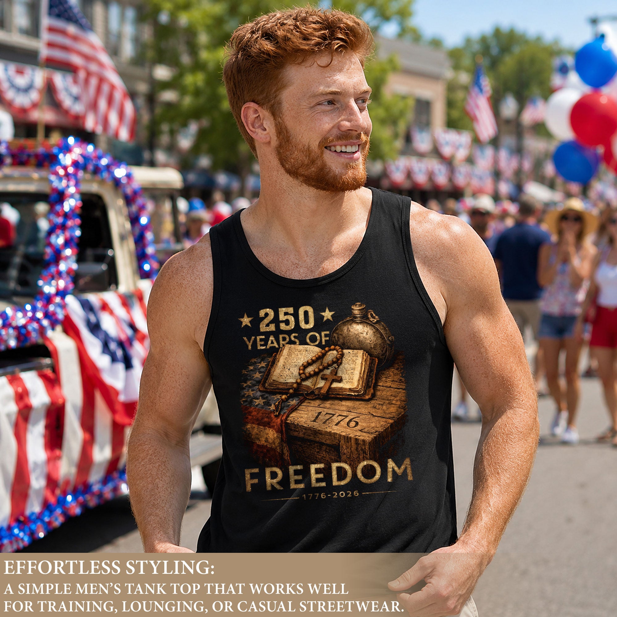 Tank Top Men Patriotic Bible Cross 1776-2026 250 Years Of Freedom Christian Summer Vest