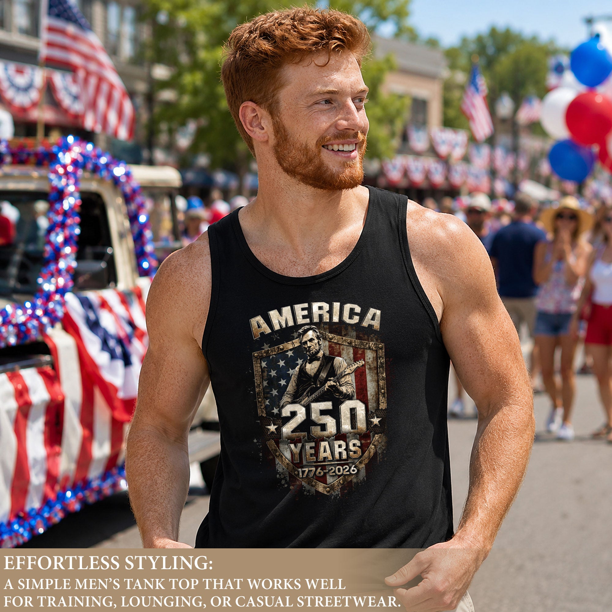 Rockstar Lincoln Shield Tank Top 1776-2026 Patriotic Grunge Men Graphic Sleeveless Shirt