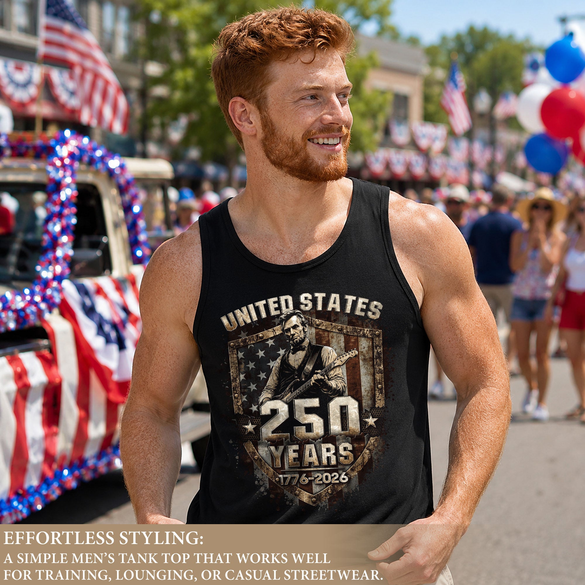 Rockstar Lincoln Shield Tank Top 1776-2026 Patriotic Grunge Men Graphic Sleeveless Shirt