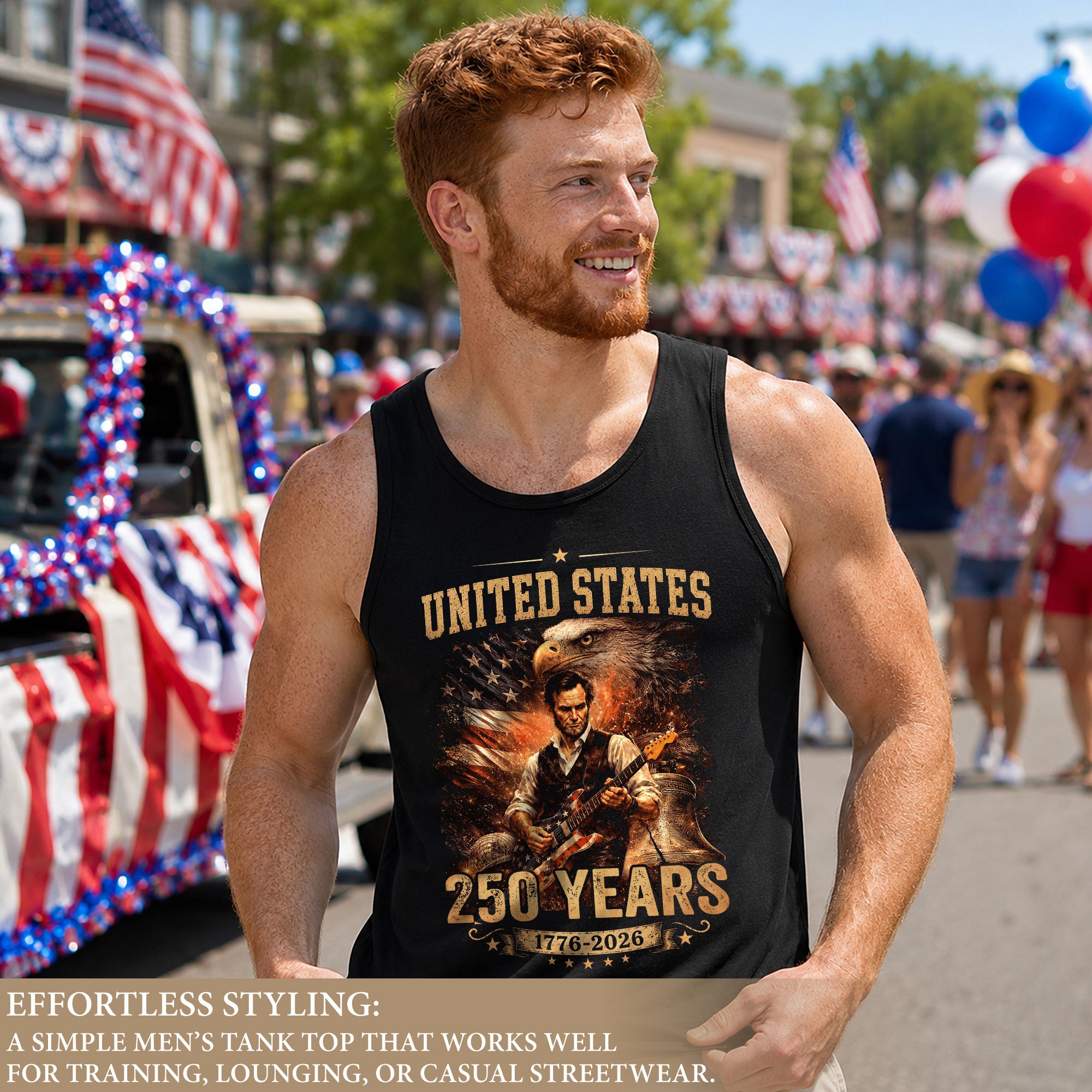 Eagle Abraham Lincoln Guitar Tank Top 1776-2026 Patriotic Vintage Men Graphic Gym Shirt