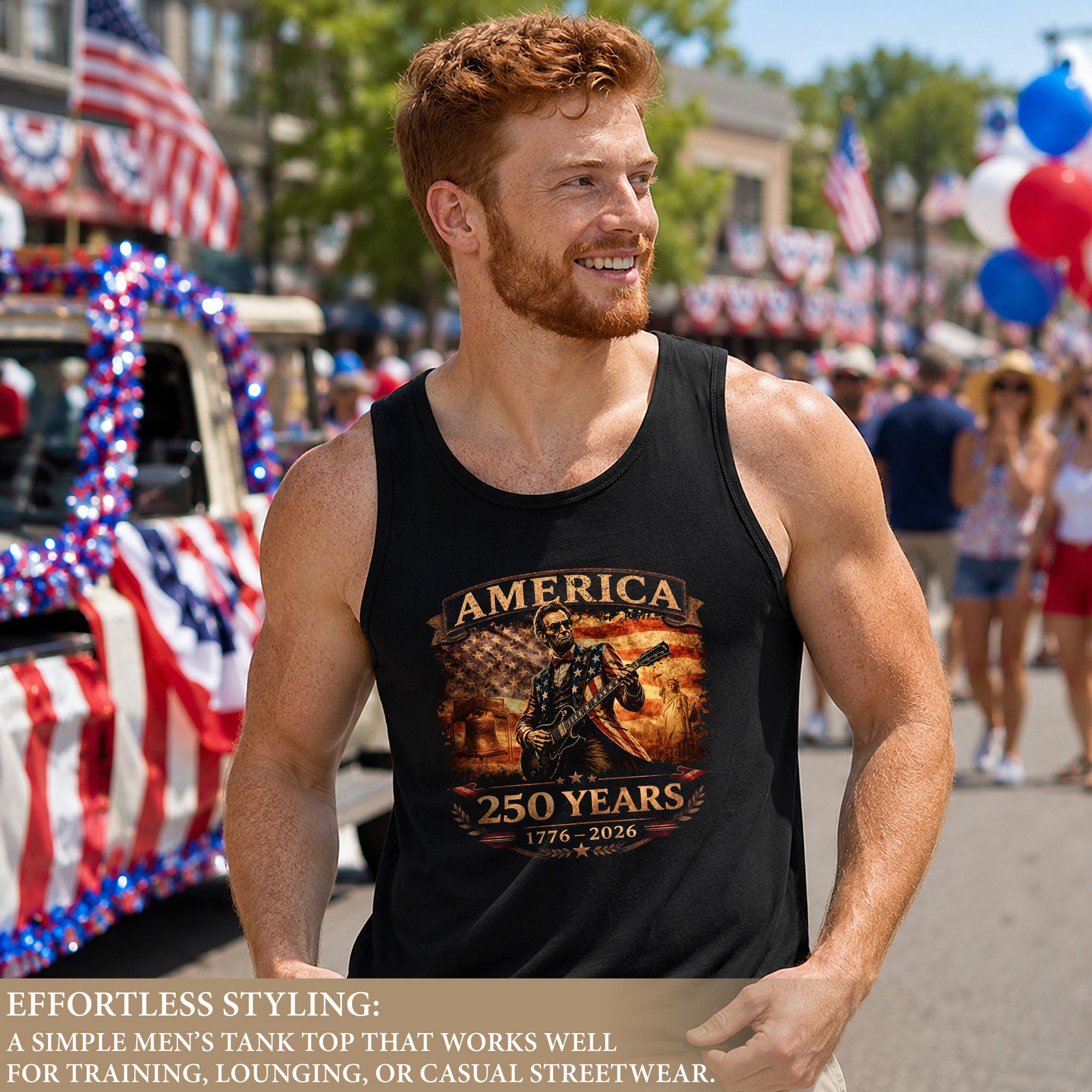 Lincoln Flag Suit Guitar Tank Top 1776-2026 Patriotic Vintage Men Graphic Sleeveless Shirt