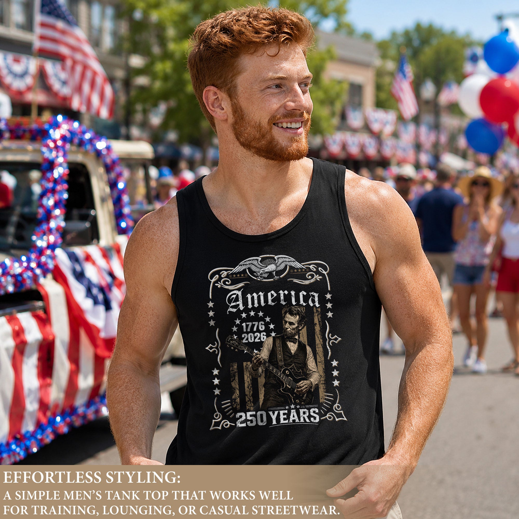 Lincoln Guitar Frame Tank Top 1776-2026 Patriotic Vintage Men Graphic Sleeveless Gym Shirt