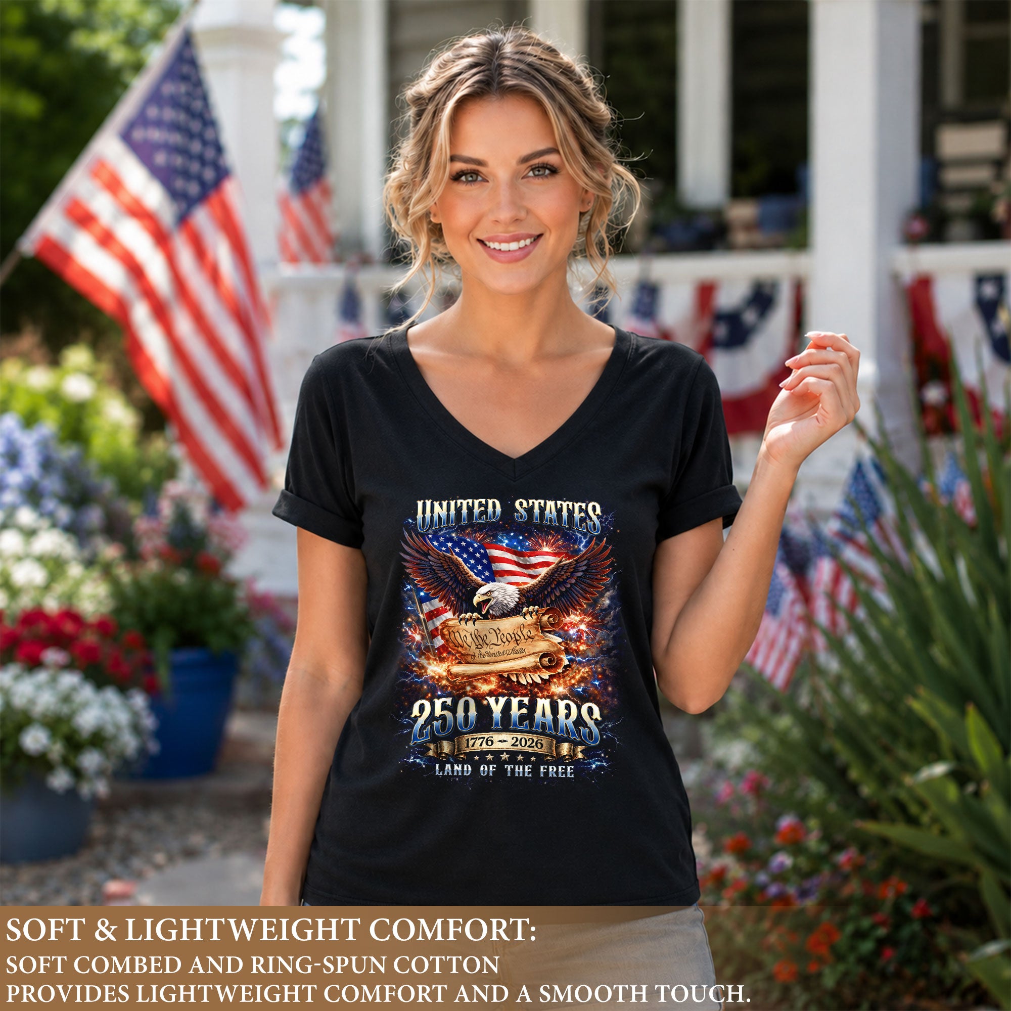 United States 250 Years Womens V Neck Shirt Retro We The People Firework Eagle Top