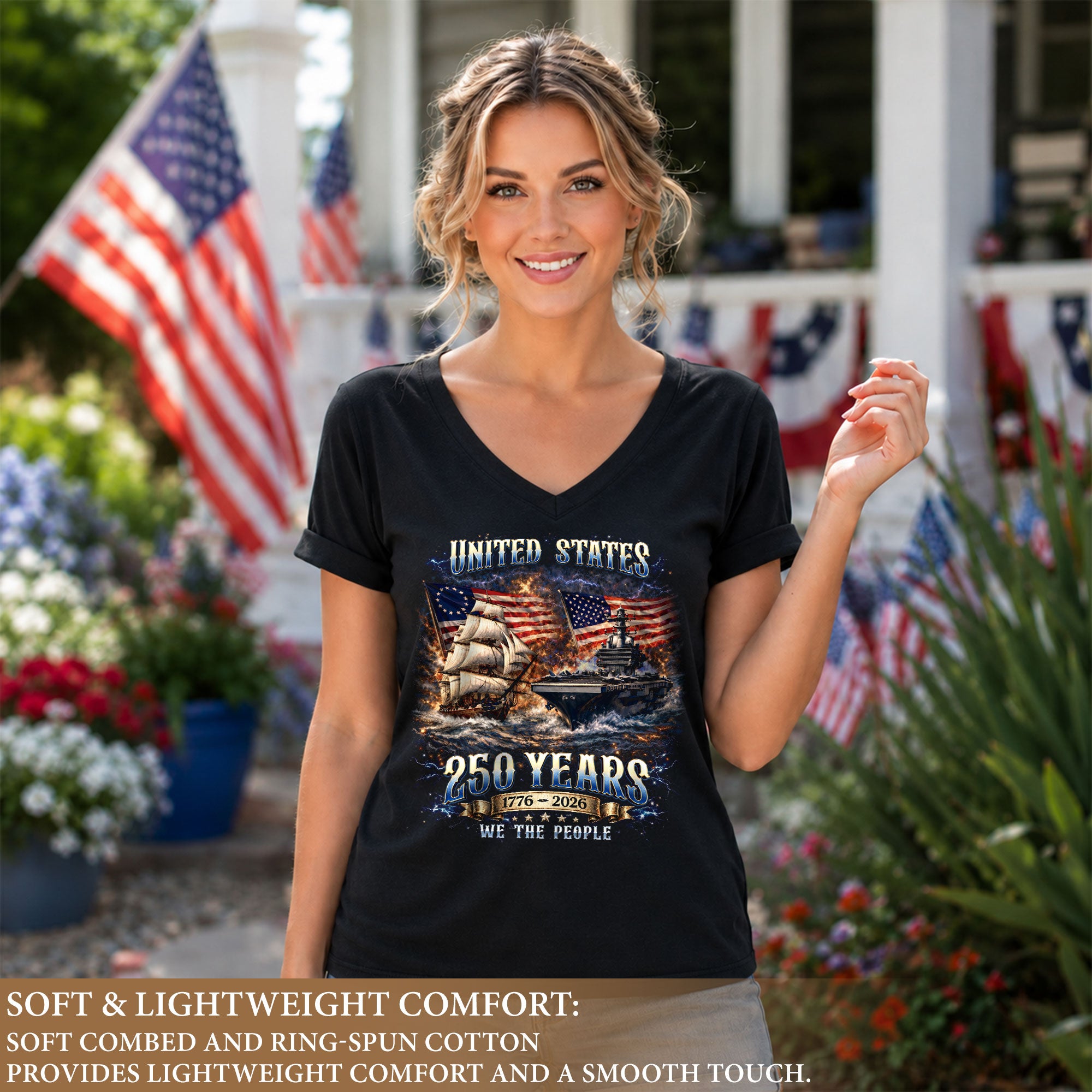 Patriotic Ship Womens V Neck Shirt Cool Military Flag Vintage 250 Years 1776 2026 Tee