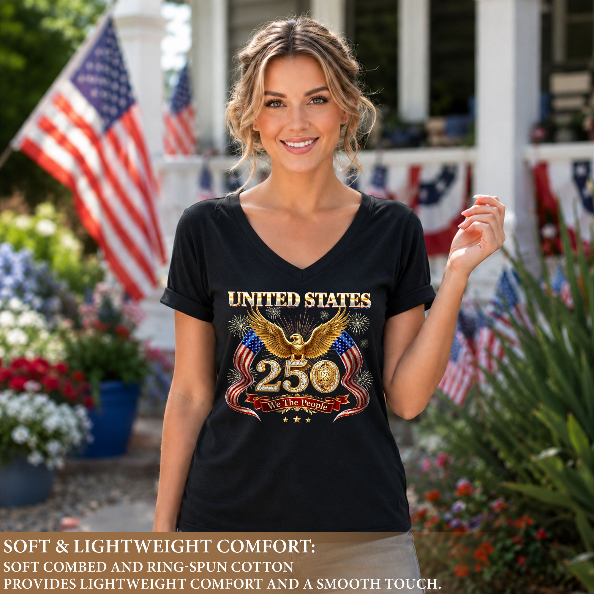 United States 250 Year Anniversary T Shirt Patriotic American V Neck Graphic Tee Unisex