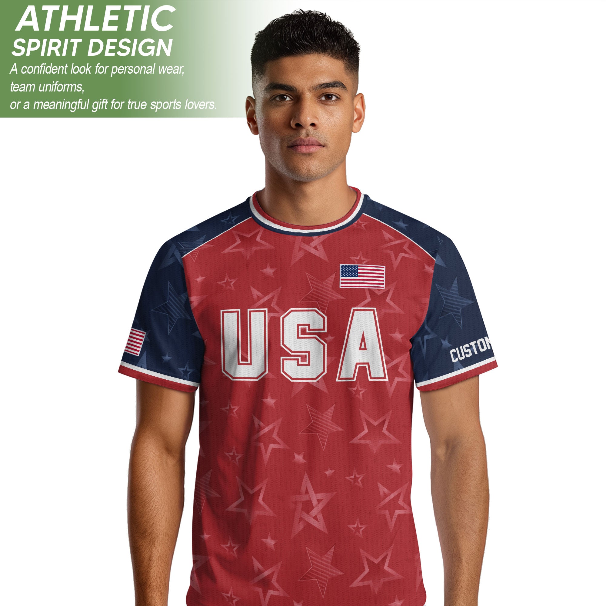Custom Name Number USA Soccer Jersey Red Raglan Patriotic Stars Football Team Shirt