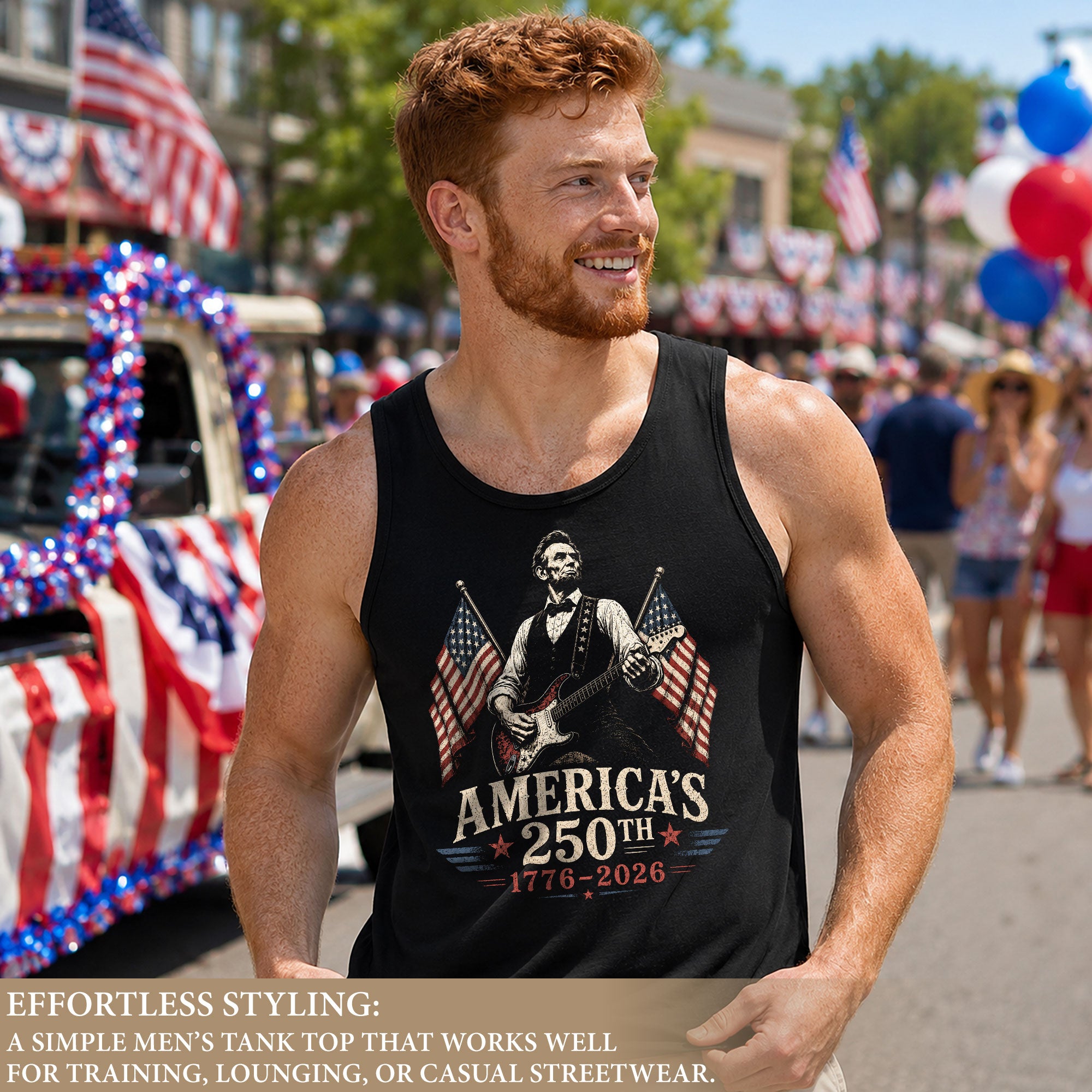 Lincoln Rock Guitar Men Tank Top Vintage 1776-2026 Patriotic Sleeveless Shirt