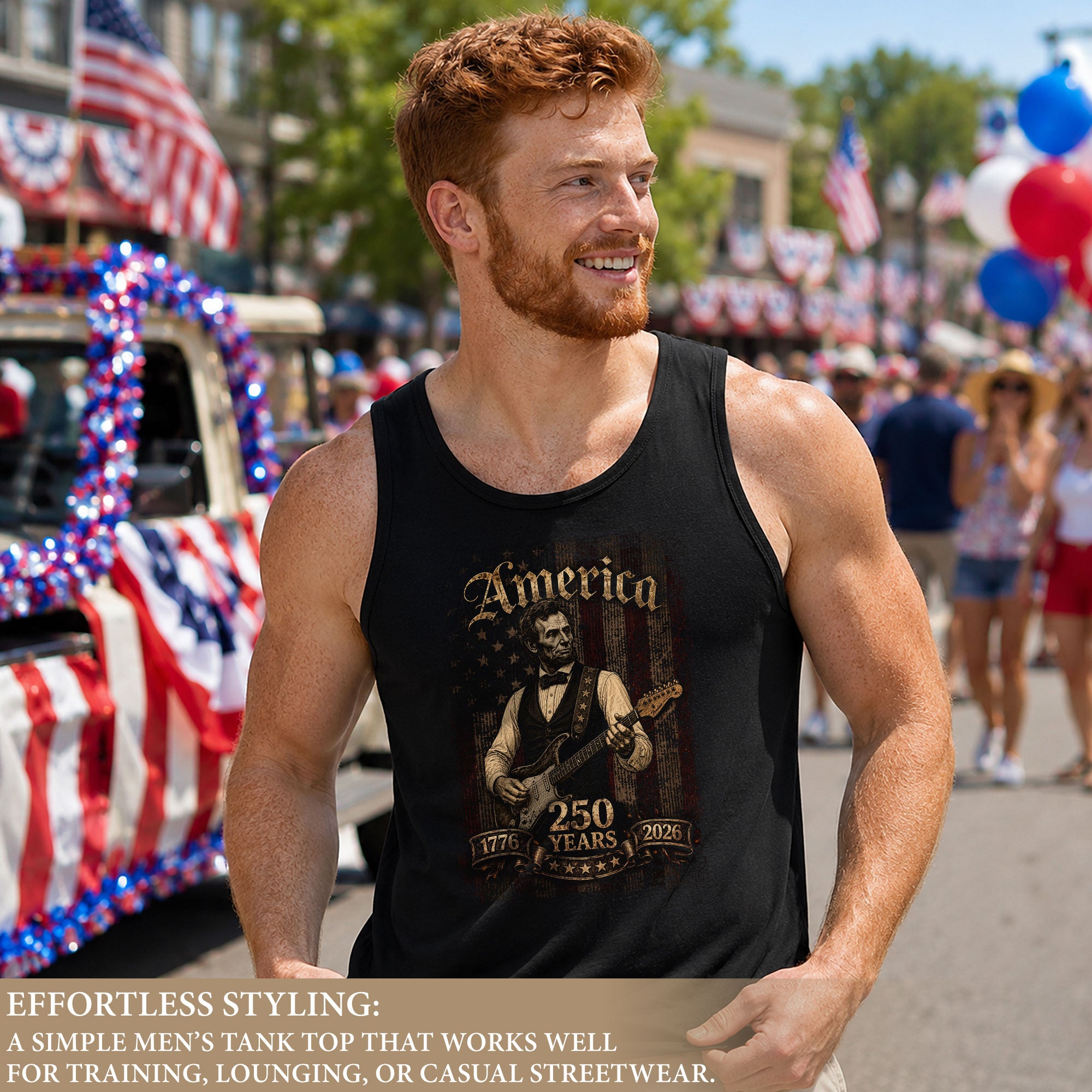Abraham Lincoln Guitar Tank Top 1776-2026 Patriotic Vintage Men Graphic Shirt