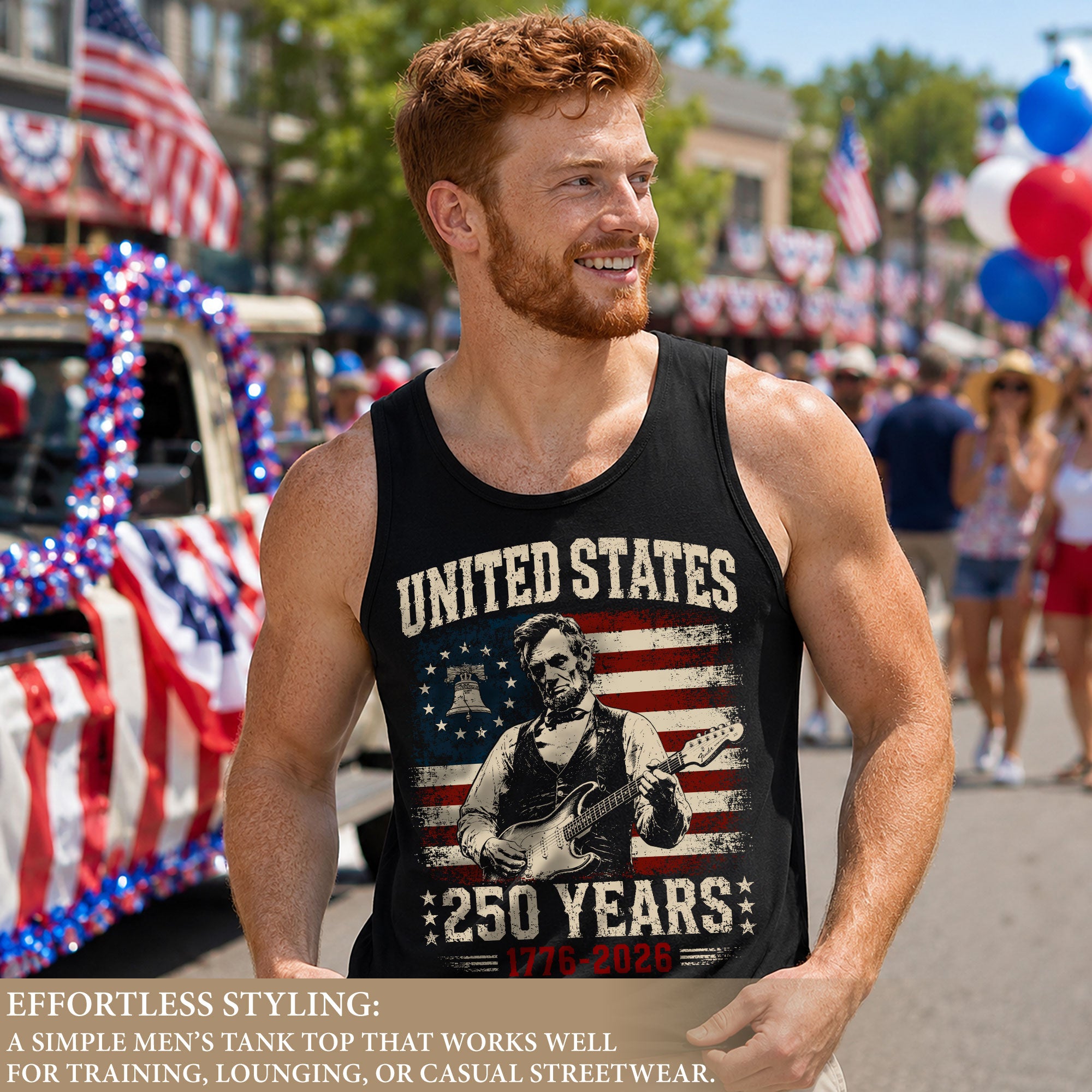 Lincoln Liberty Bell Guitar Tank Top 1776-2026 Patriotic Vintage Men Graphic Shirt