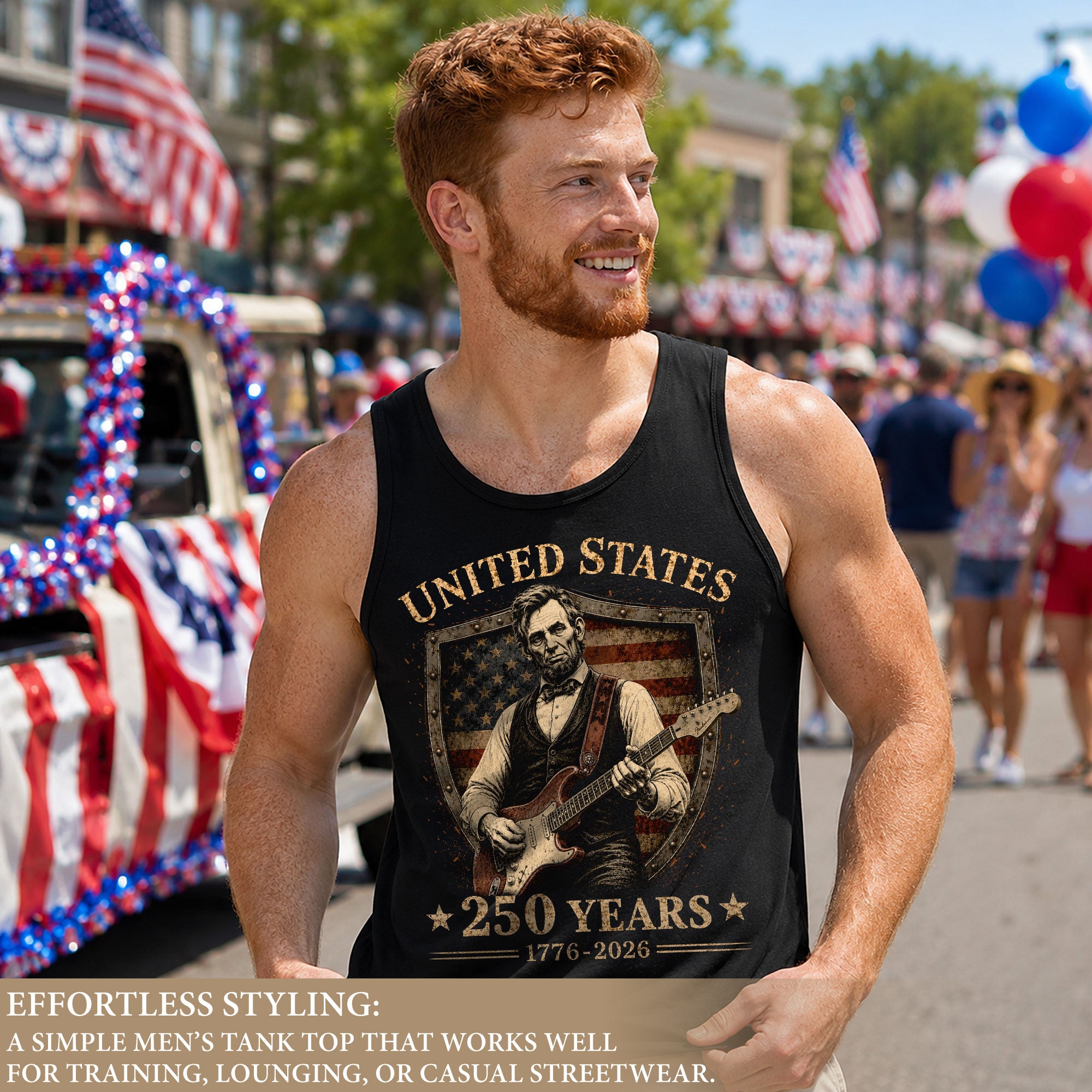 Lincoln Shield Guitar Tank Top 1776-2026 Patriotic Vintage Men Graphic Sleeveless Shirt