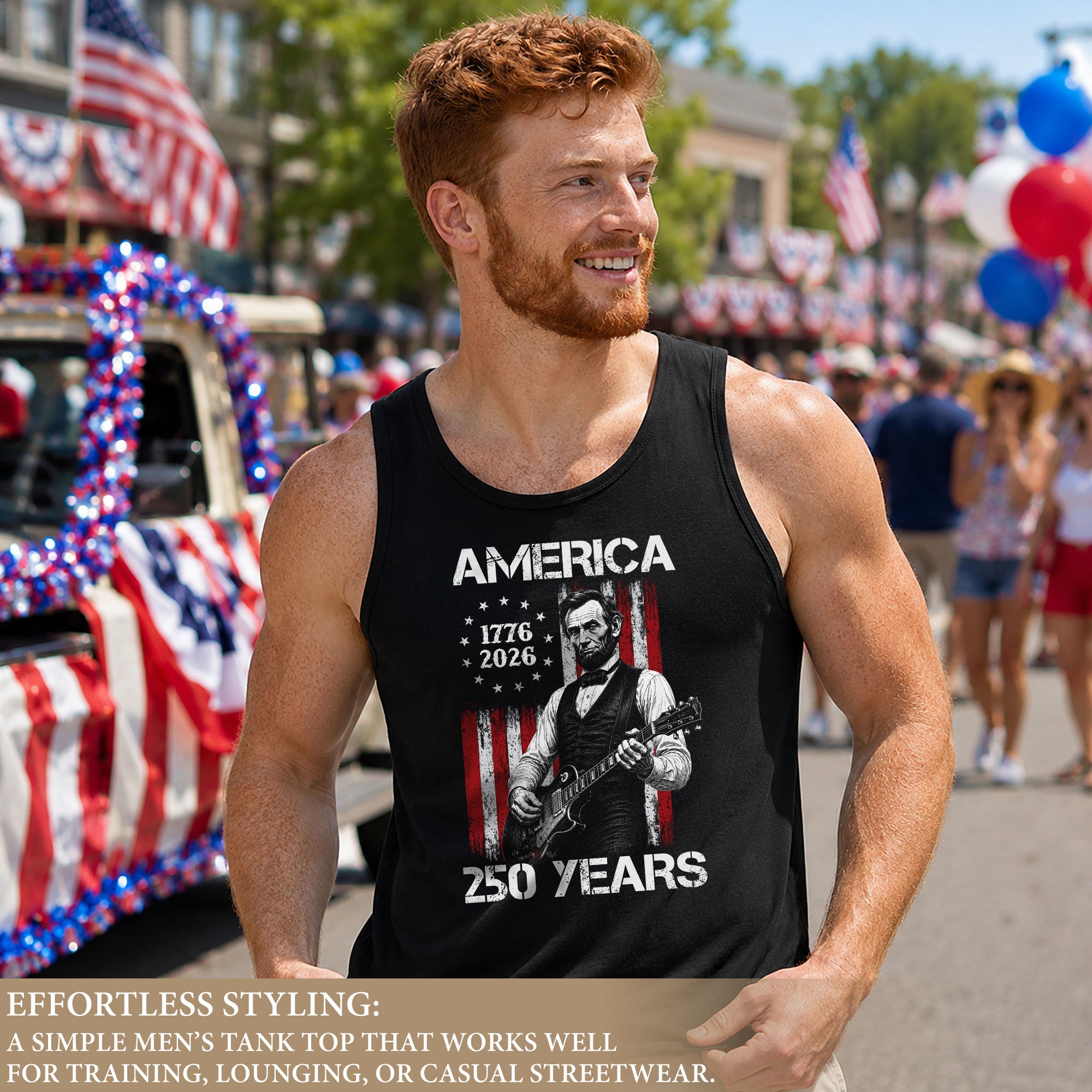 Rockstar Lincoln Guitar Tank Top 1776-2026 Patriotic Retro Men Graphic Sleeveless Shirt
