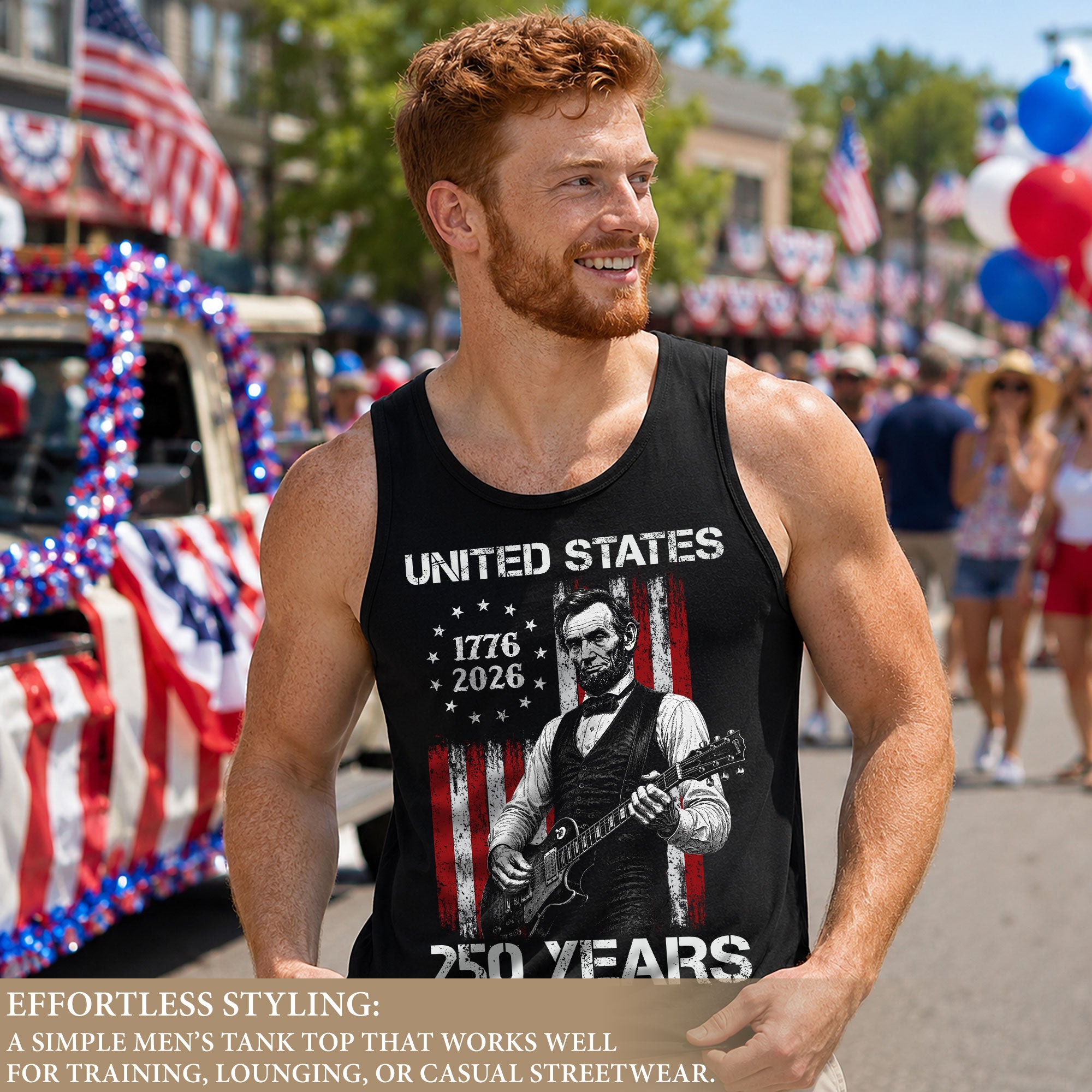 Rockstar Lincoln Guitar Tank Top 1776-2026 Patriotic Retro Men Graphic Sleeveless Shirt