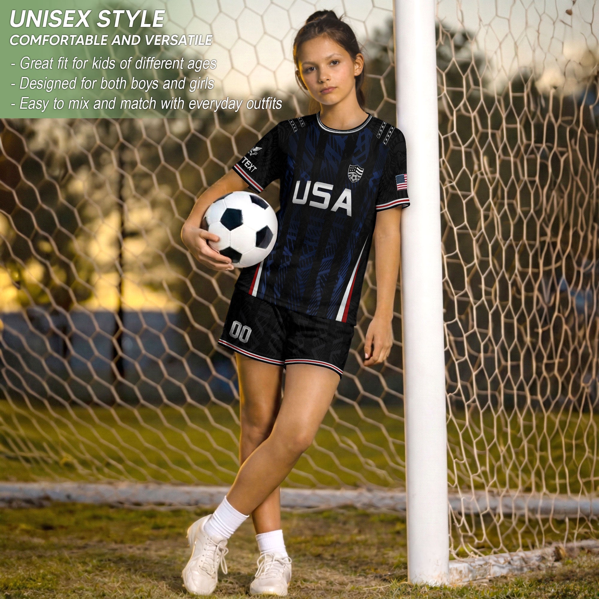 Custom Black and Blue USA Soccer Jersey Set Kid Personalized Name Number
