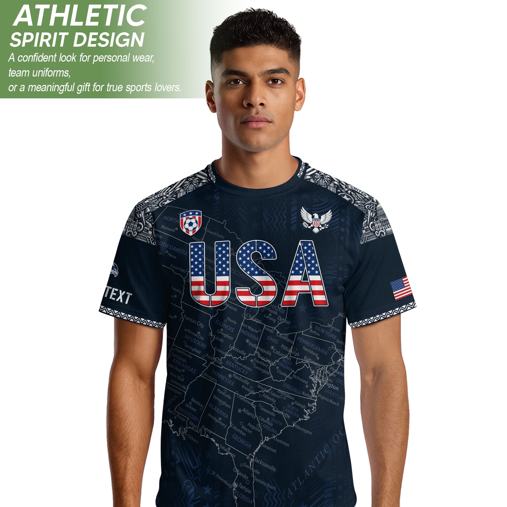 Custom Name Number USA Soccer Jersey Vintage Map Patriotic Navy Blue Football Team Shirt