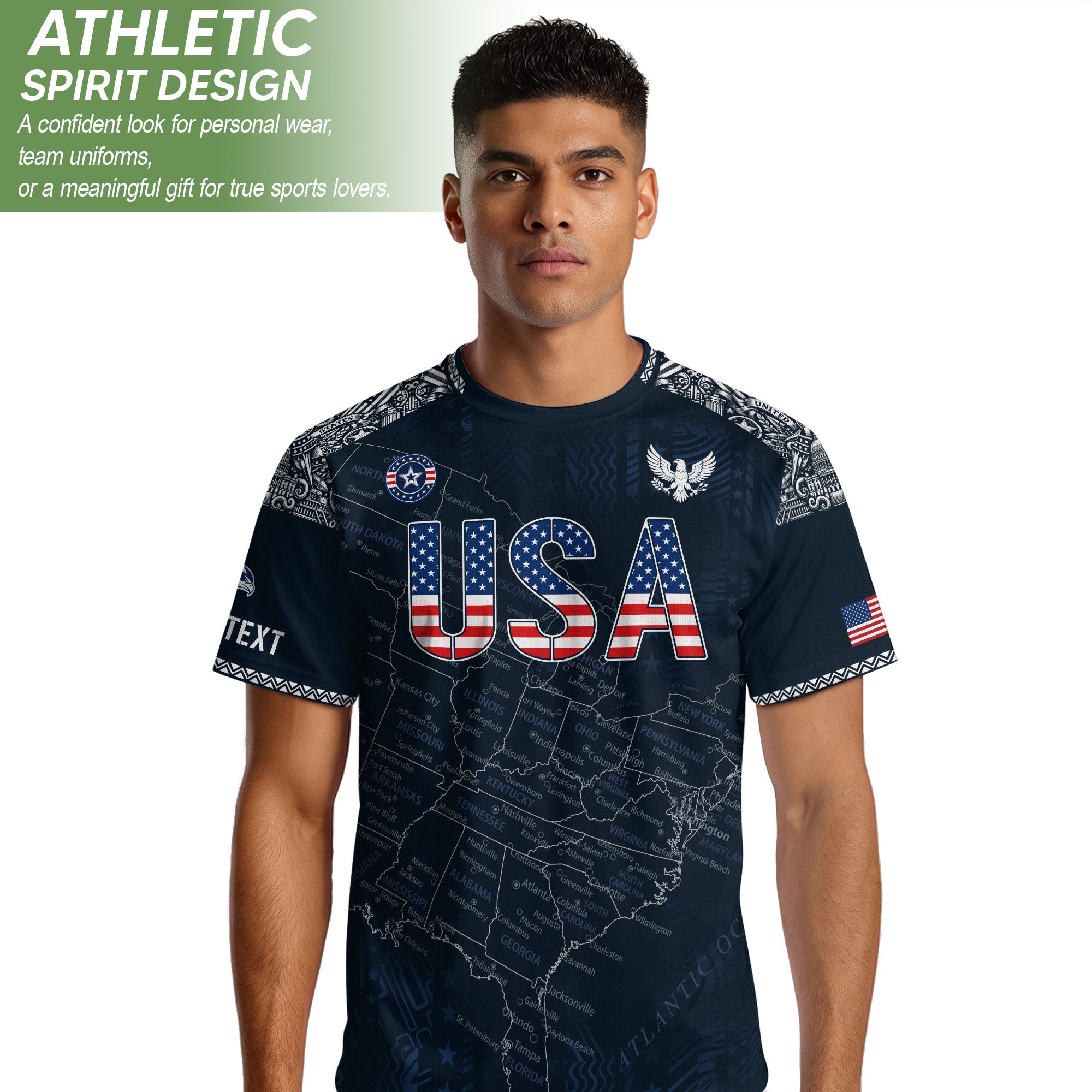 Custom Name Number USA Soccer Jersey Vintage Map Patriotic Navy Blue Football Team Shirt