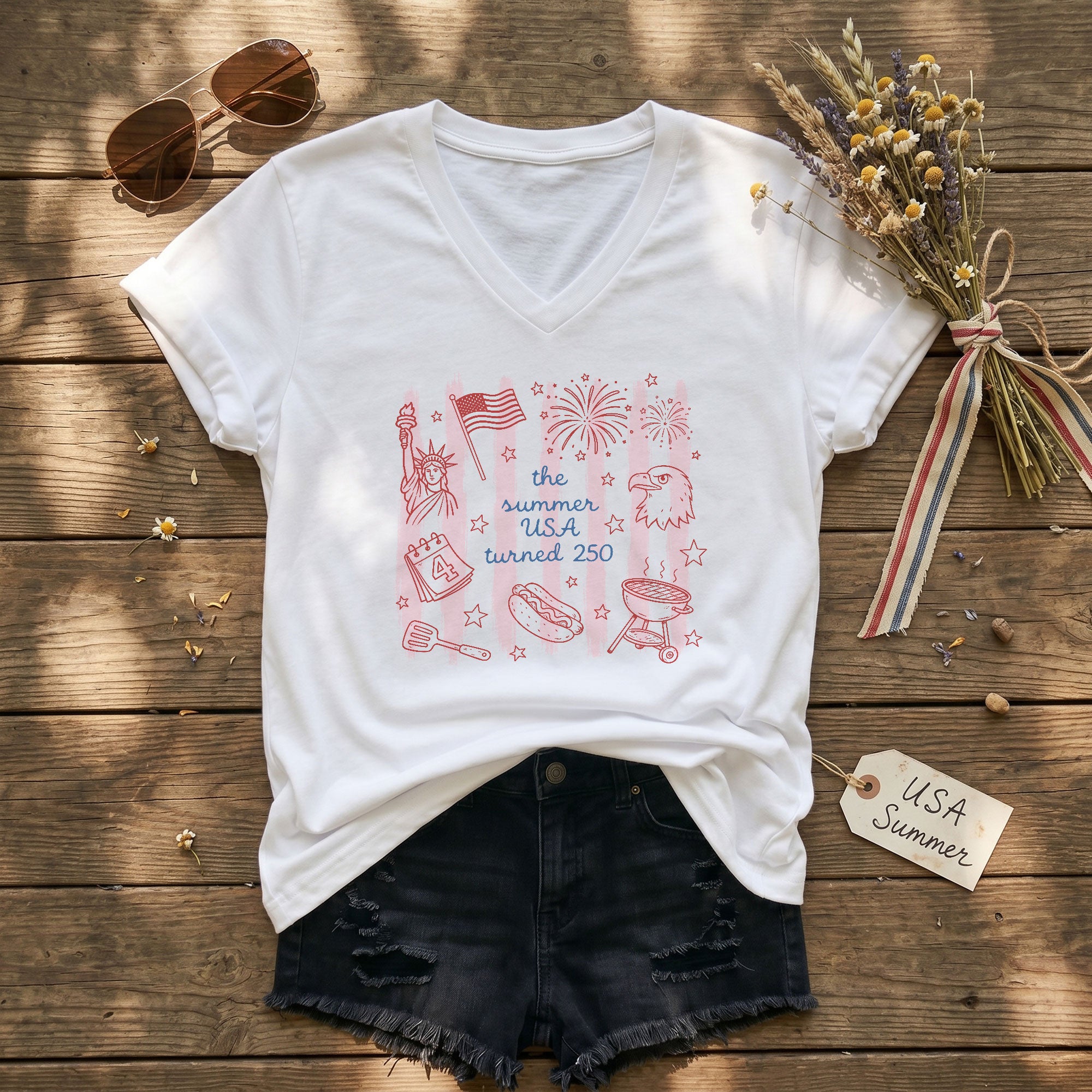 The Summer USA Turned 250 V-Neck Shirt Patriotic Women's Holiday Graphic Tee 2026