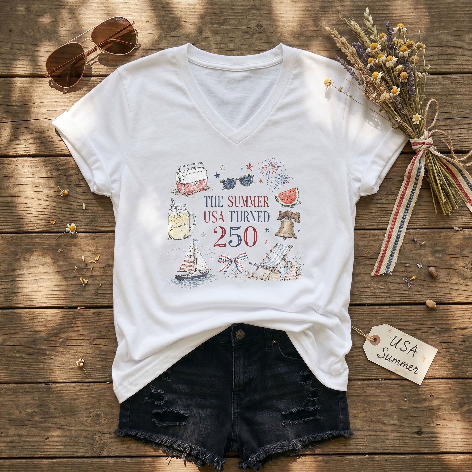 Casual V-Neck The Summer USA Turned 250 Tee Patriotic Summer Celebration Gift
