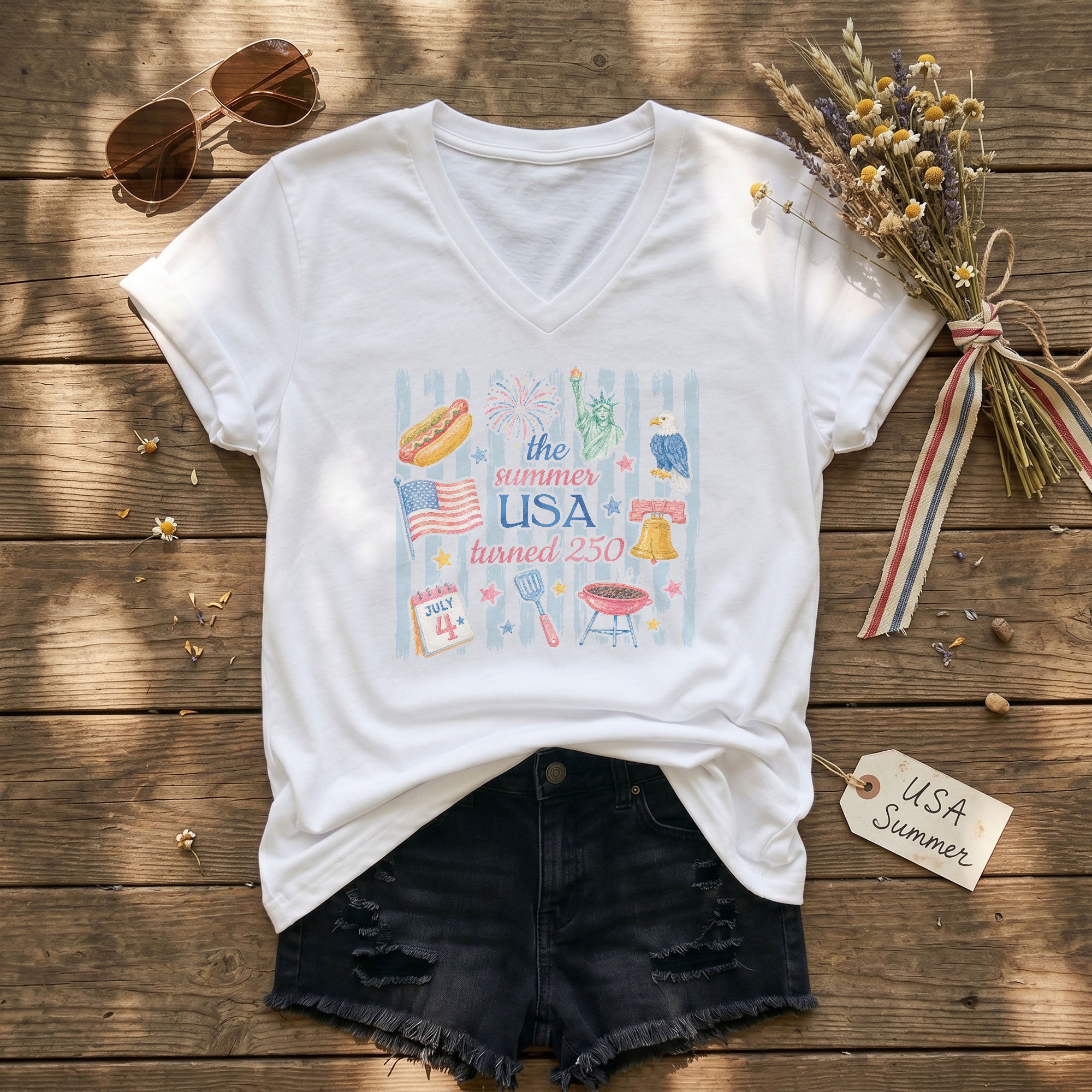 Women's Graphic V-Neck Shirt The Summer USA Turned 250 Patriotic Summer Outfit
