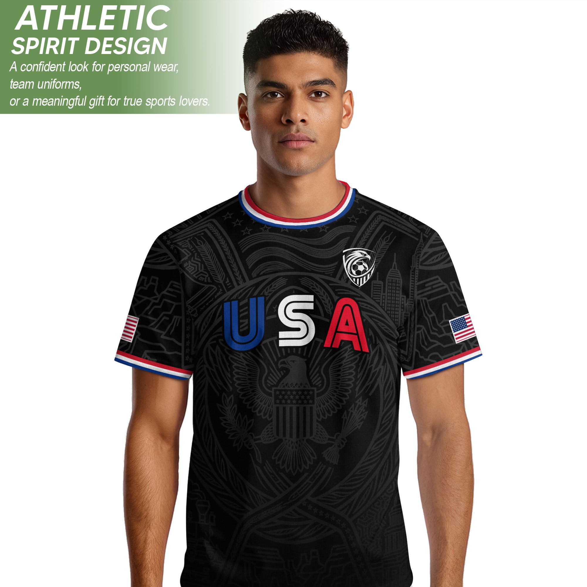 USA Patriotic Soccer Jersey Adult Black Eagle American Flag Independence Day Shirt