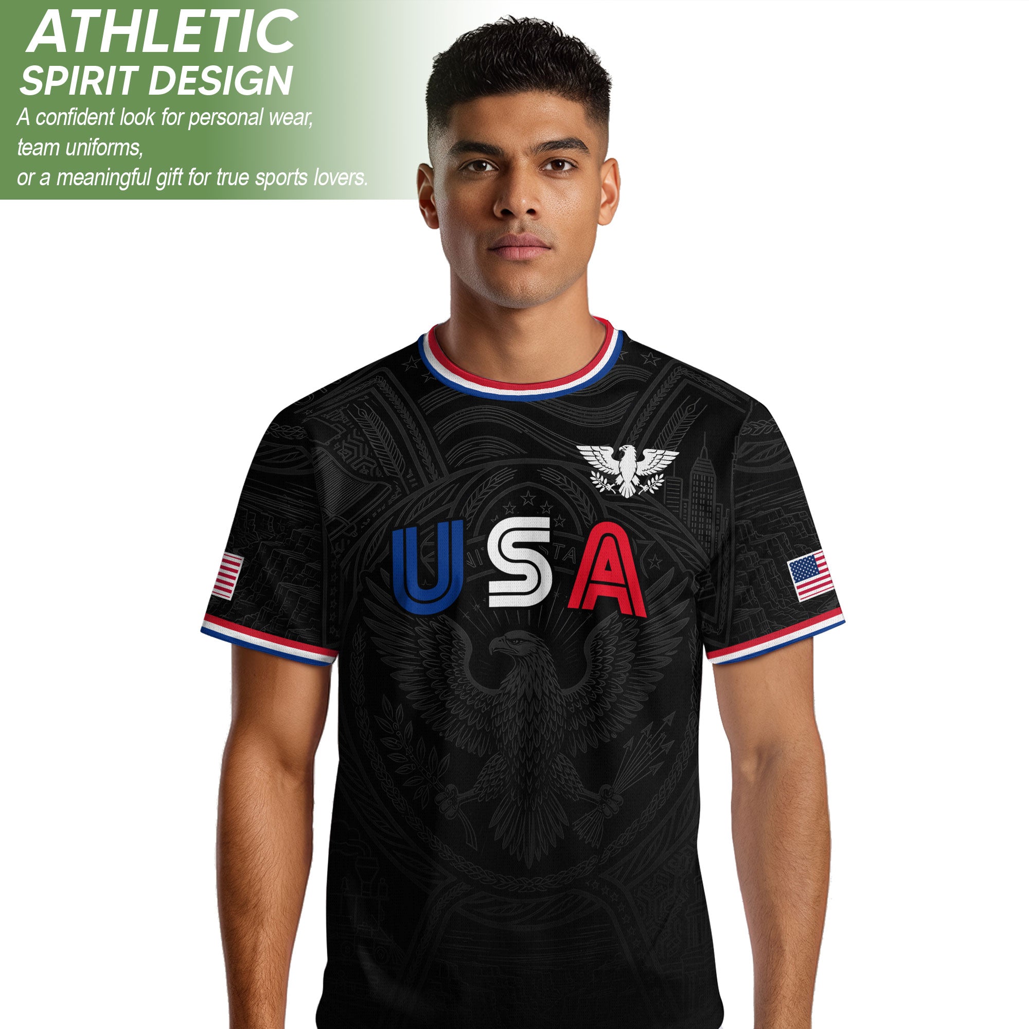 USA Patriotic Soccer Jersey Adult Black Eagle American Flag Independence Day Shirt