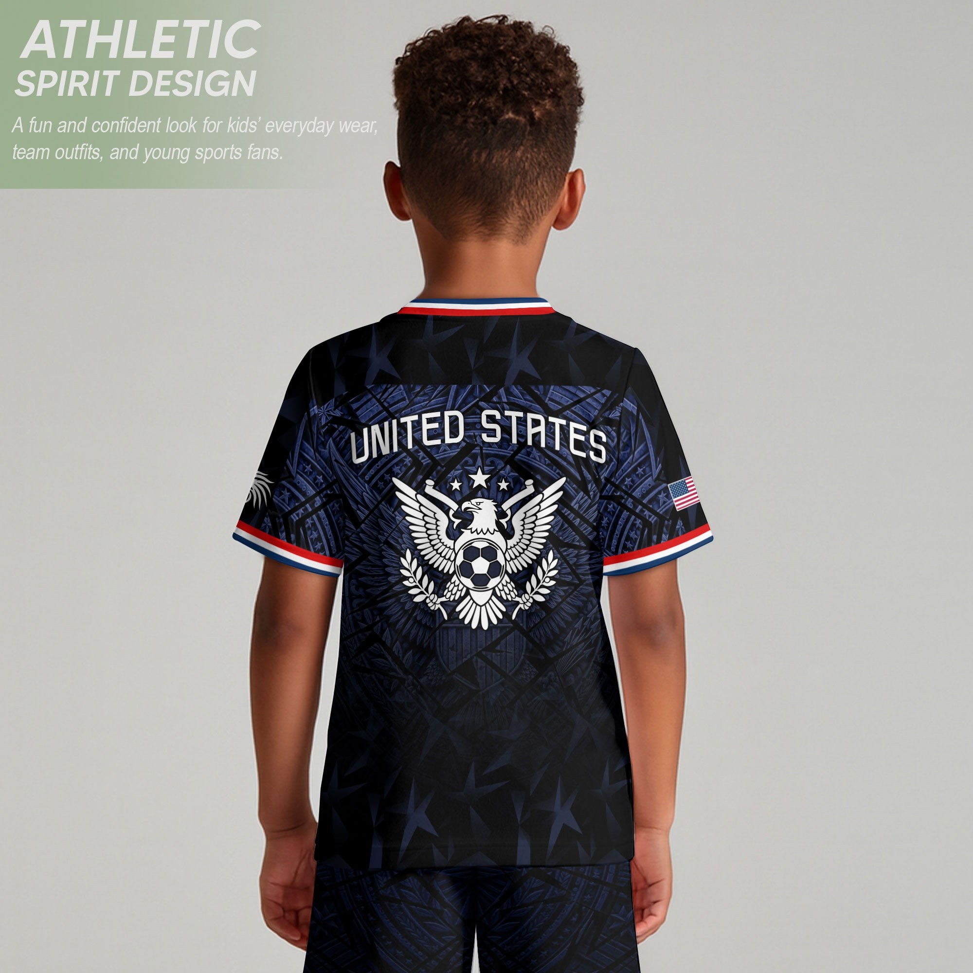 USA Patriotic Kids Soccer Jersey Navy Blue Eagle American Flag Youth Football Shirt