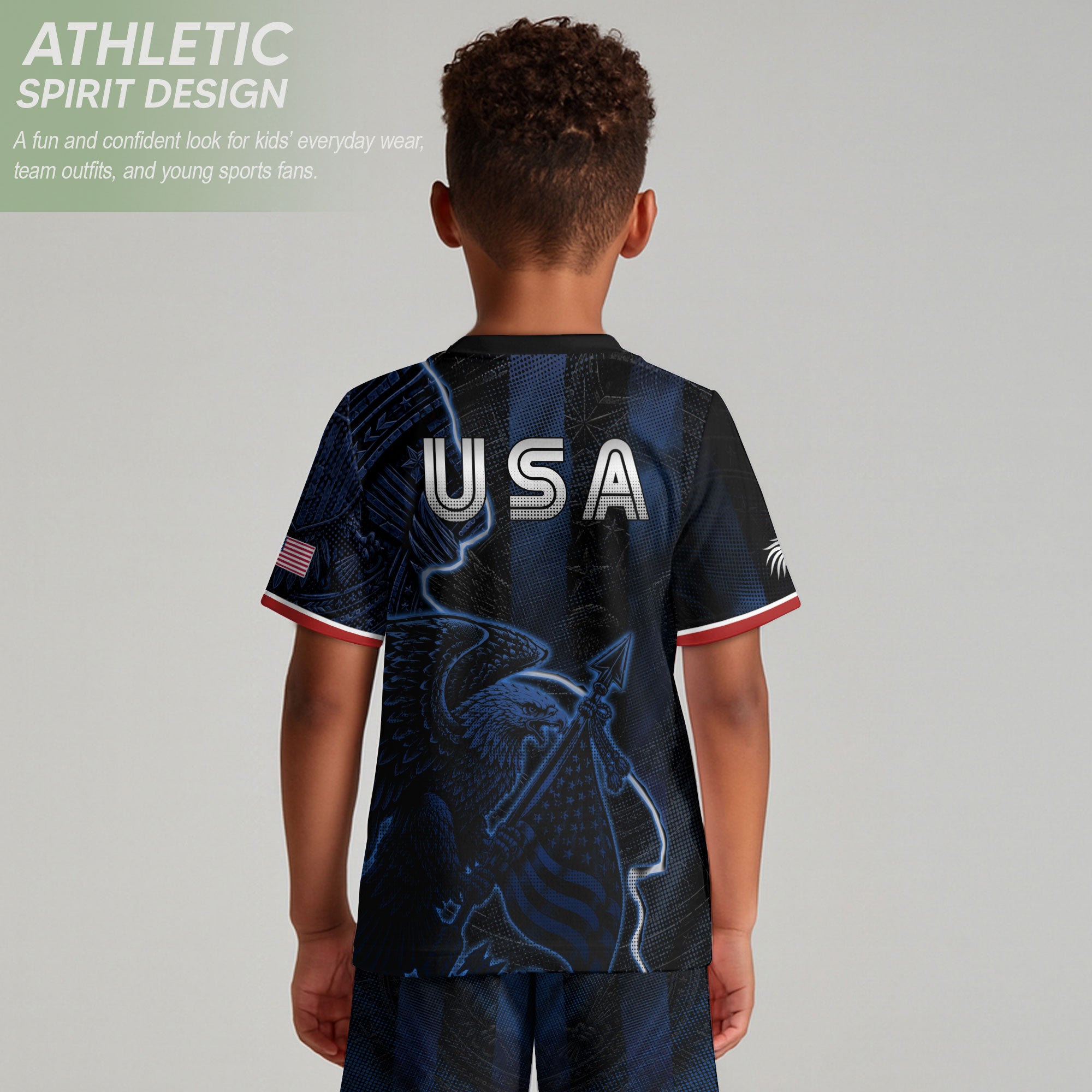 USA Eagle Kids Soccer Jersey Patriotic American Flag Youth Football Shirt Navy Black