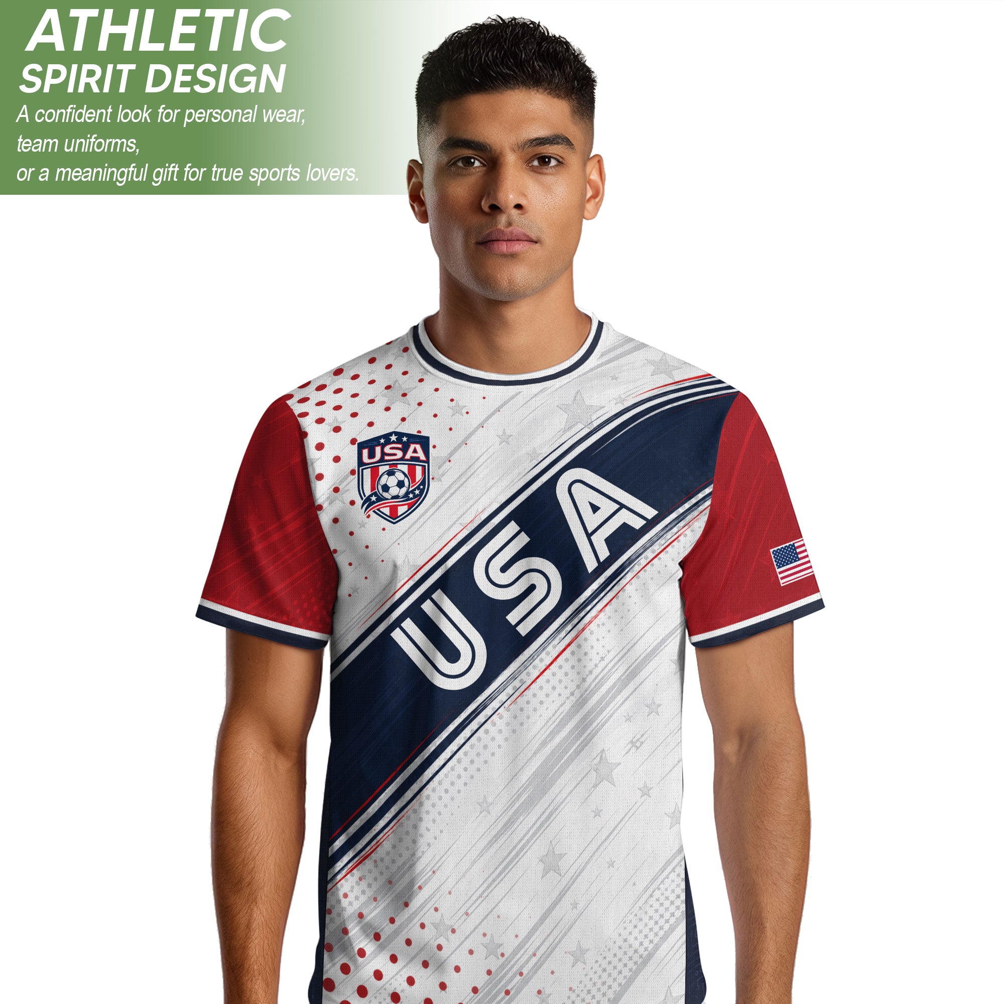 Adult USA Soccer Jersey White Navy Patriotic Diagonal Sash Polka Dot United States Tee