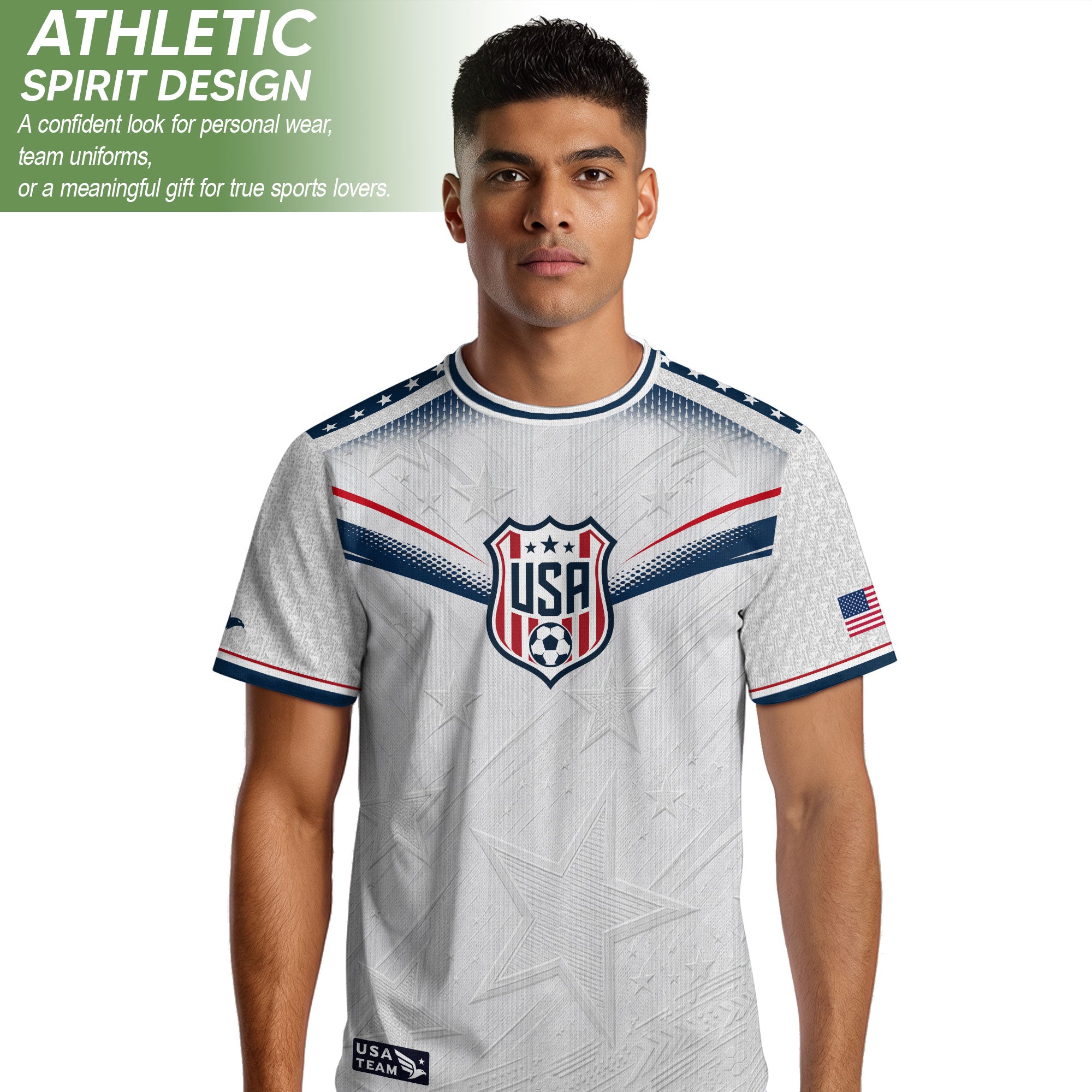 Adult USA Soccer Jersey Patriotic White Flag Pattern Lettering United States Fan Shirt