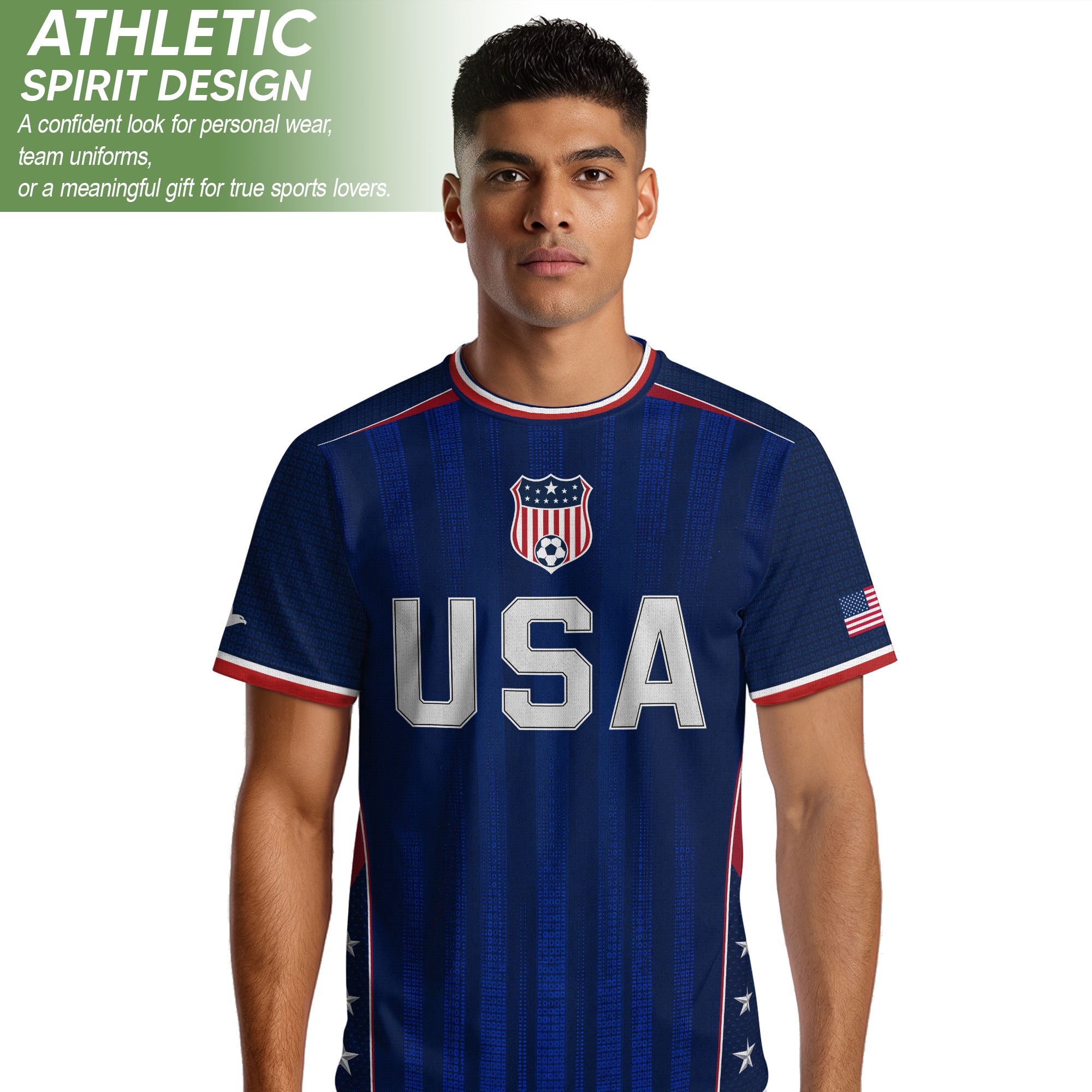 Adult USA Soccer Jersey Navy Blue Patriotic Vertical Stripe Star Side United States Tee