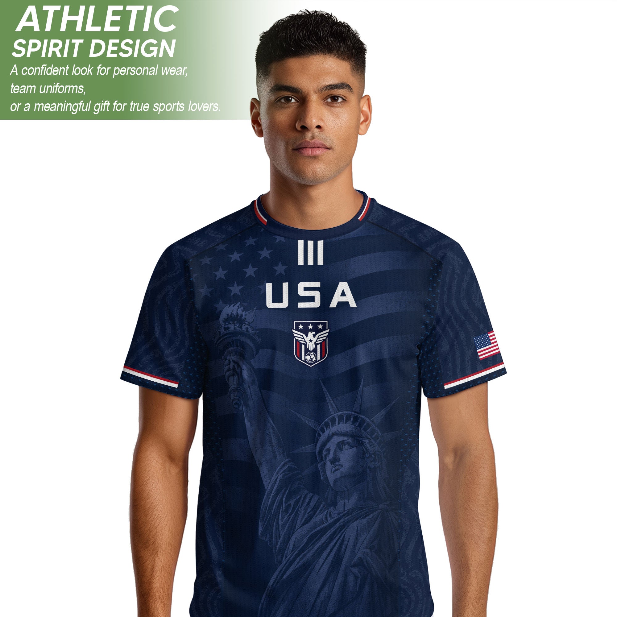 Adult USA Soccer Jersey Navy Patriotic Statue of Liberty Artistic Graphic Football Tee