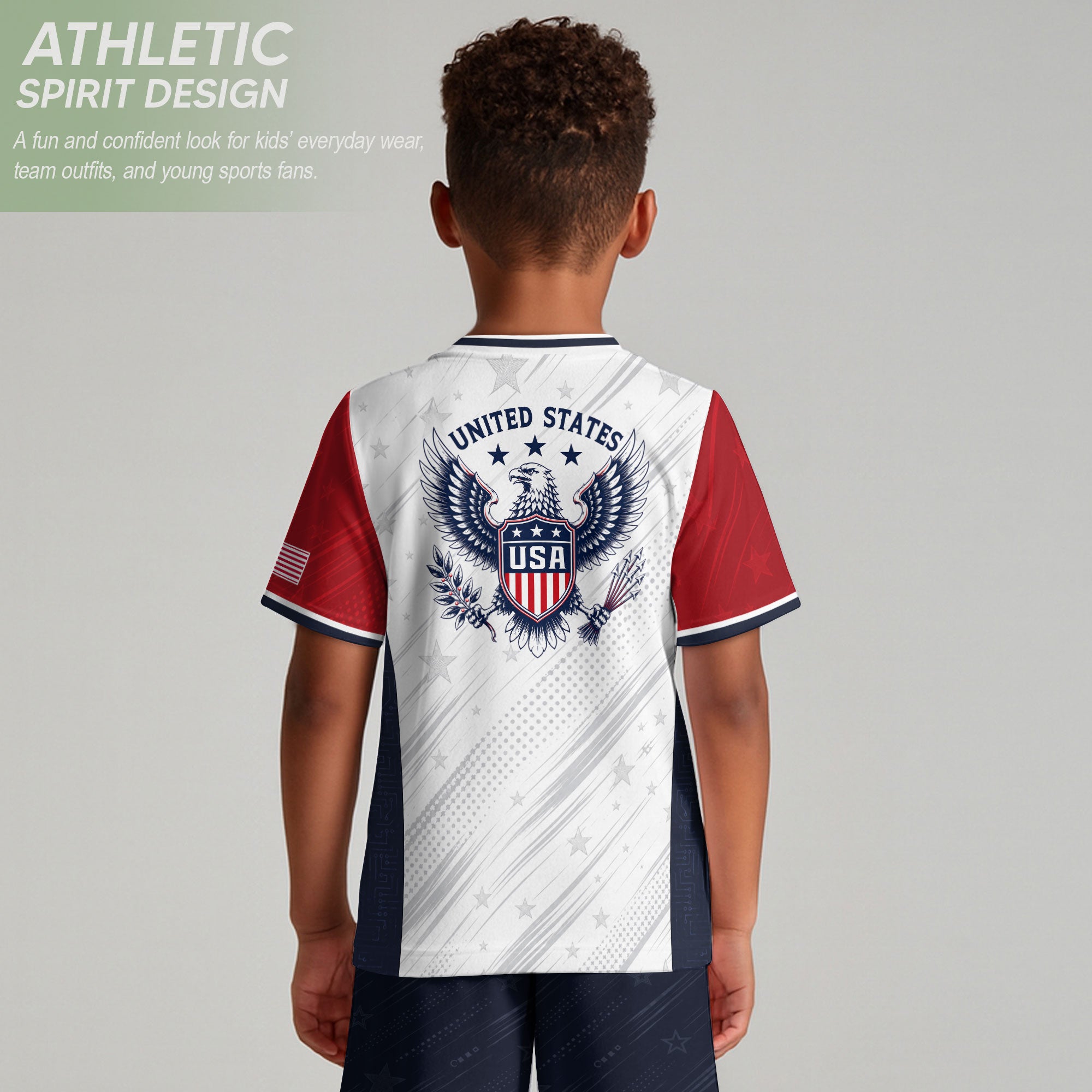 Kids USA Soccer Jersey Youth Patriotic White Navy Diagonal Sash Polka Dot Sport Shirt