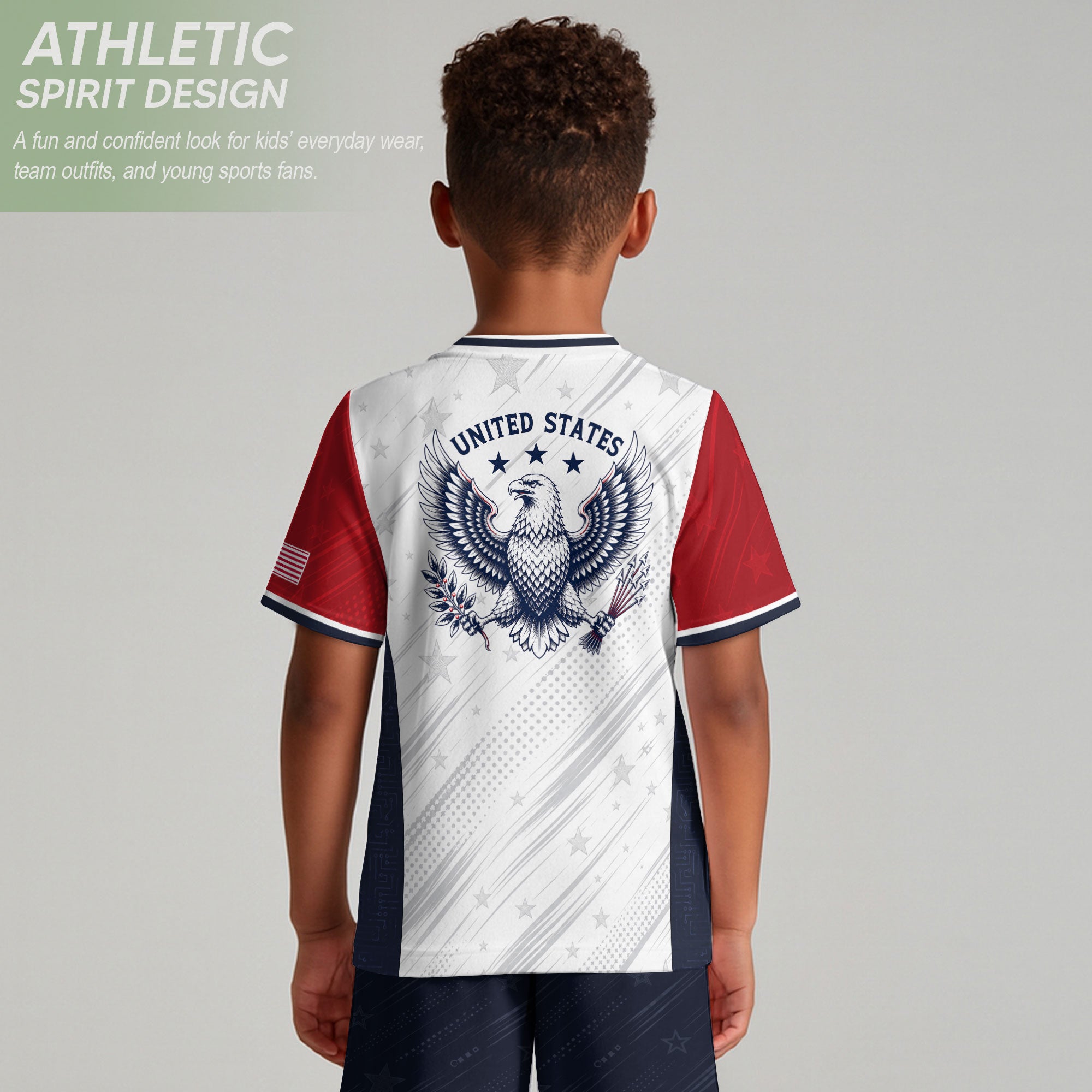 Kids USA Soccer Jersey Youth Patriotic White Navy Diagonal Sash Polka Dot Sport Shirt
