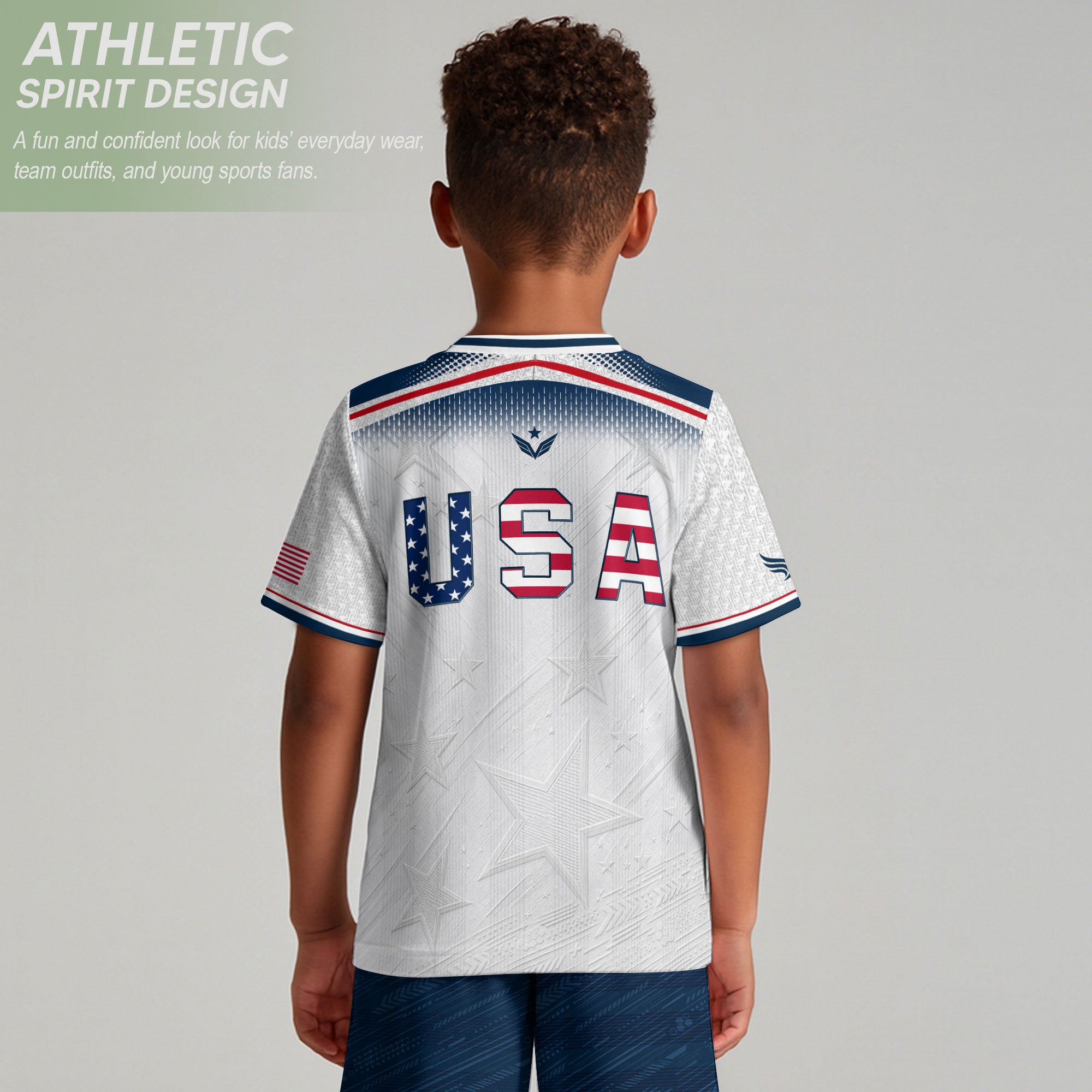 Kids USA Soccer Jersey Youth Patriotic White Chevron Emblem Star United States Sport Tee
