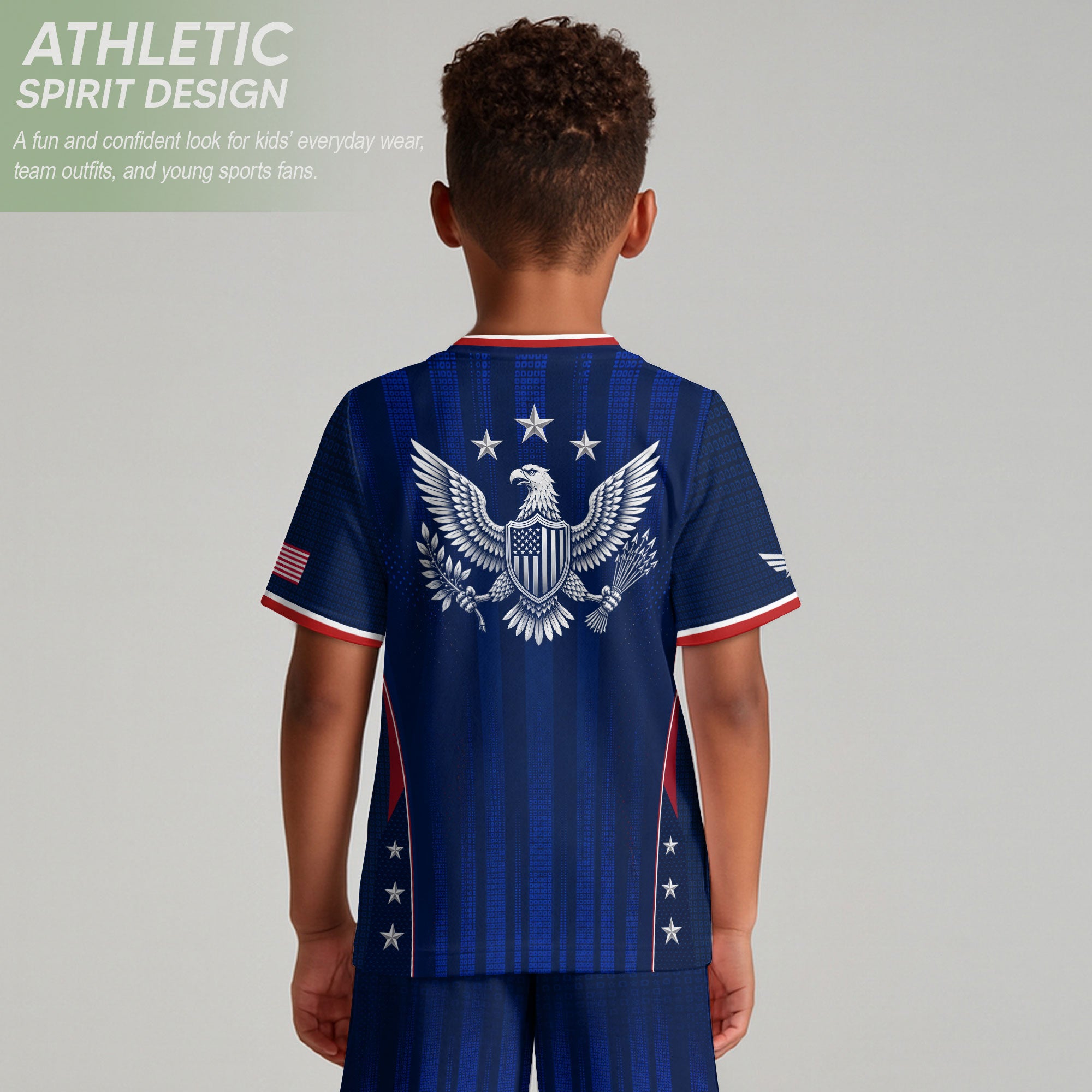 Kids USA Soccer Jersey Youth Patriotic Navy Vertical Stripe Star Side United States Tee