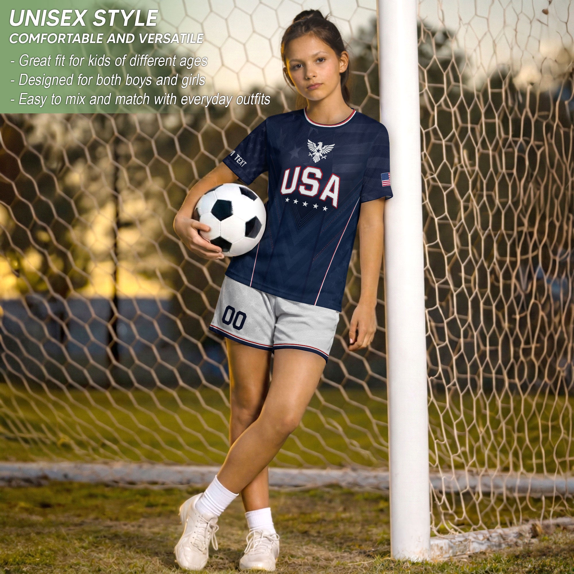 Custom Kids USA Soccer Jersey Blue Youth Patriotic Personalized Football Team Shirt