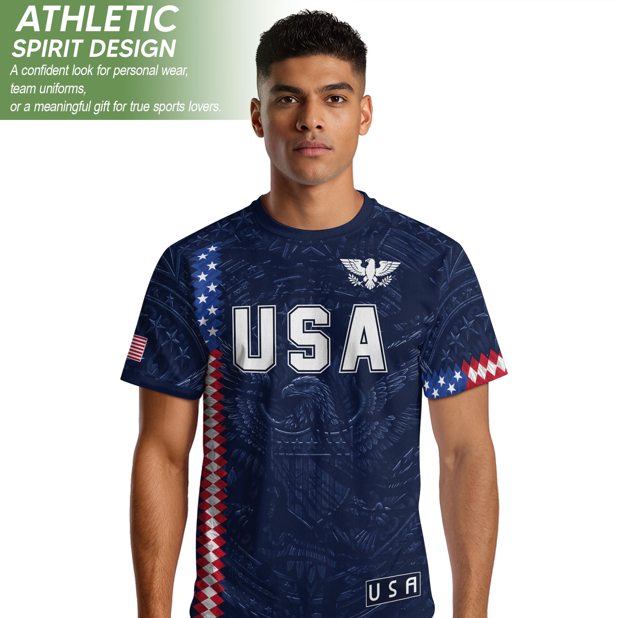USA Soccer Jersey Men Navy Blue Eagle Flag Pattern Patriotic Football Shirt - Rust Field Wear