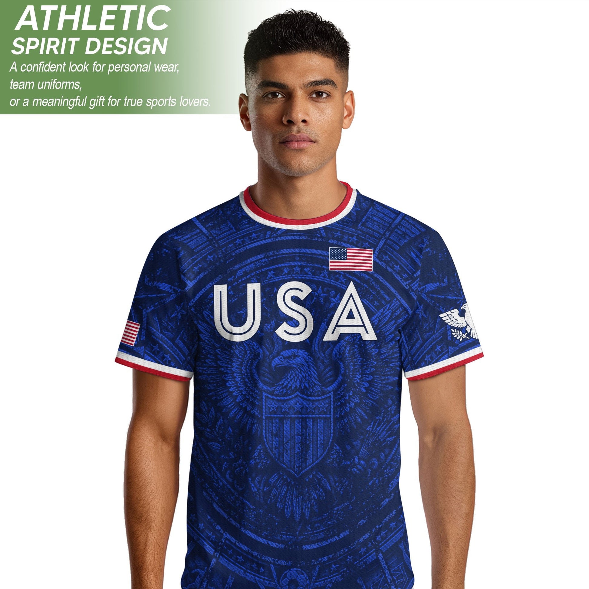 USA Soccer Jersey Men Royal Blue Eagle Graphic Patriotic Football T-Shirt - Rust Field Wear