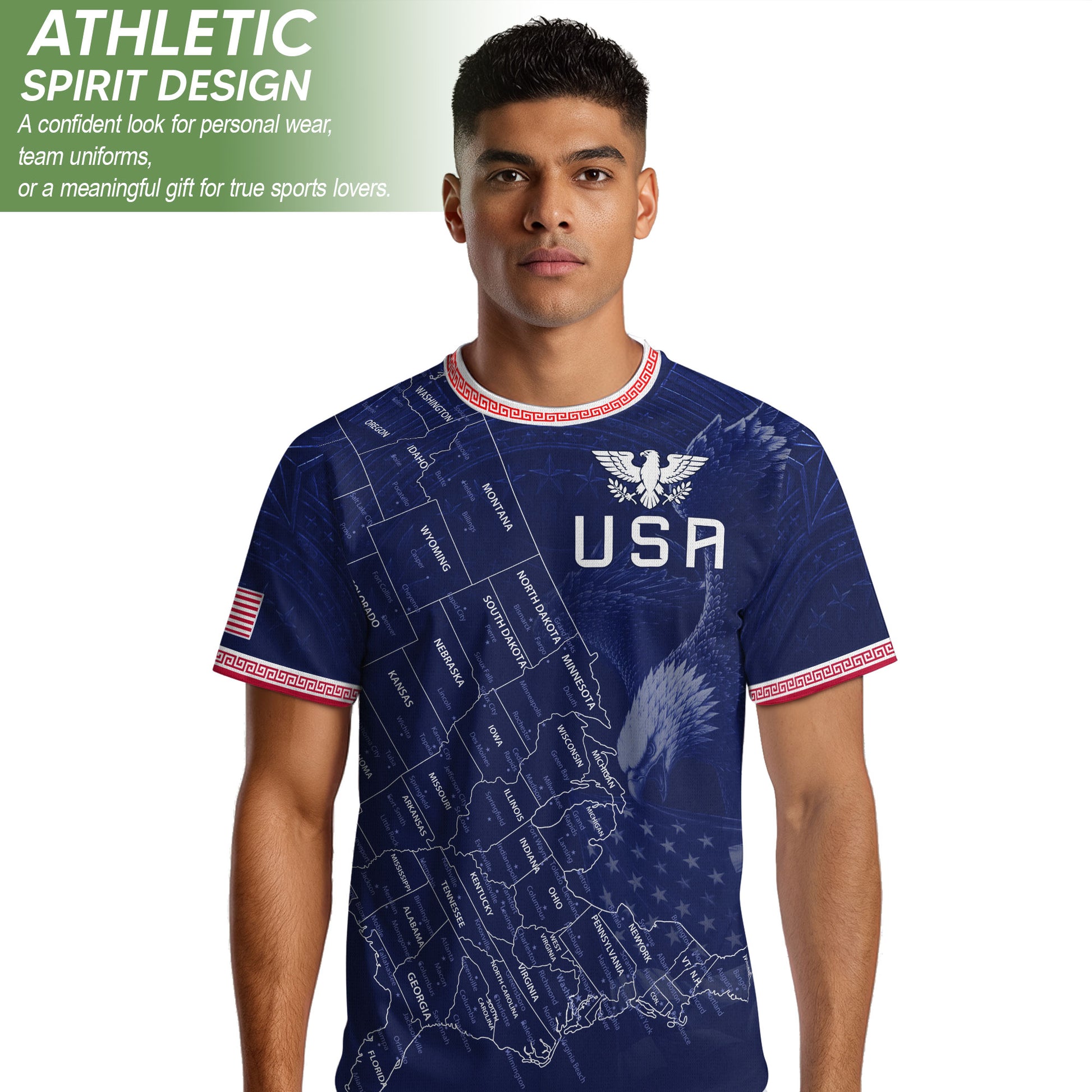 USA Soccer Jersey Men Navy Blue Eagle Map Graphic Patriotic Football T-Shirt - Rust Field Wear