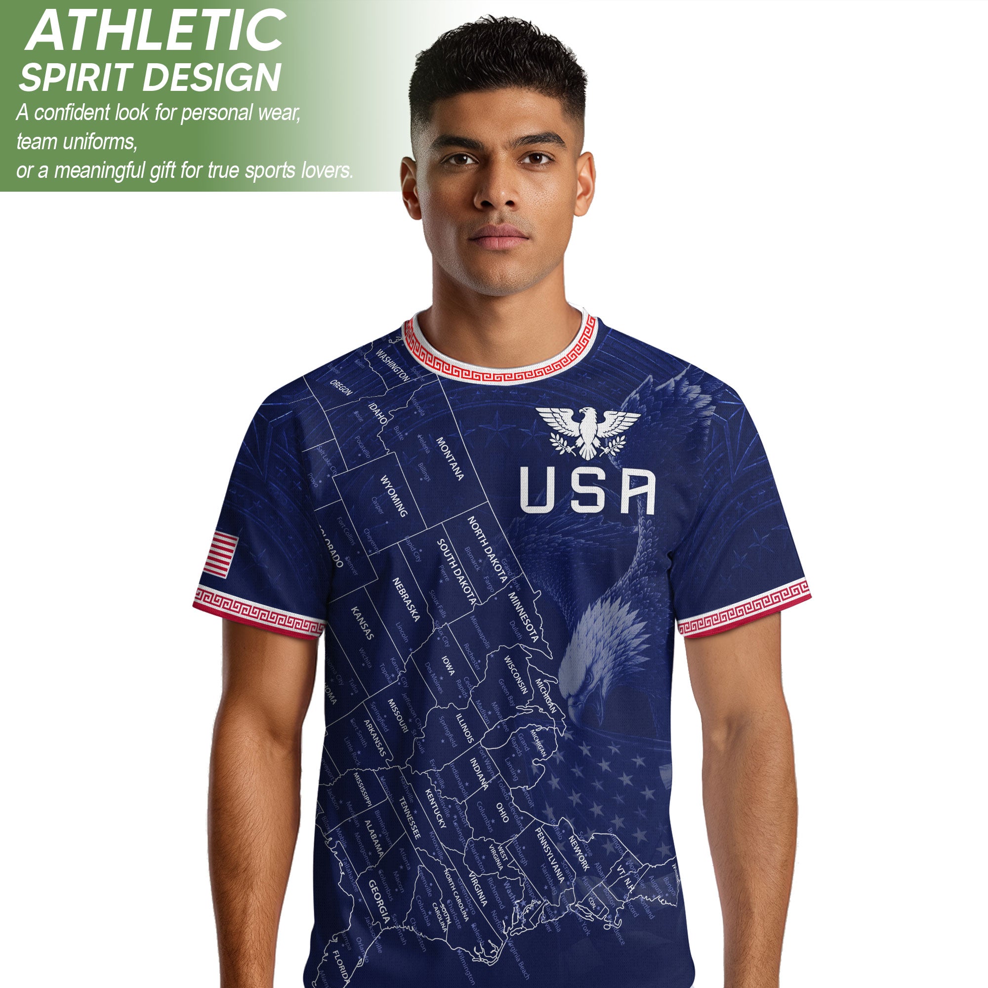 USA Soccer Jersey Men Navy Blue Eagle Map Graphic Patriotic Football T-Shirt - Rust Field Wear