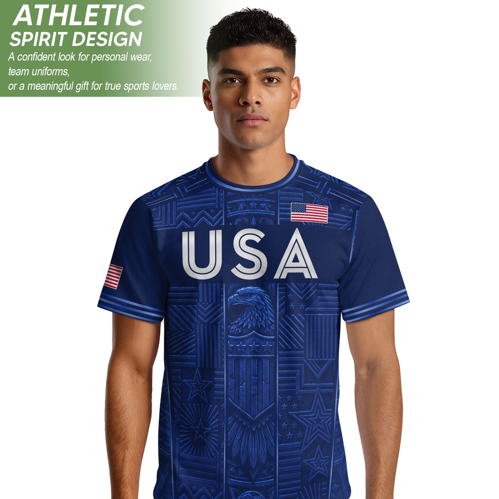 USA Soccer Jersey Men Navy Blue Eagle Star Pattern Patriotic Football T-Shirt - Rust Field Wear