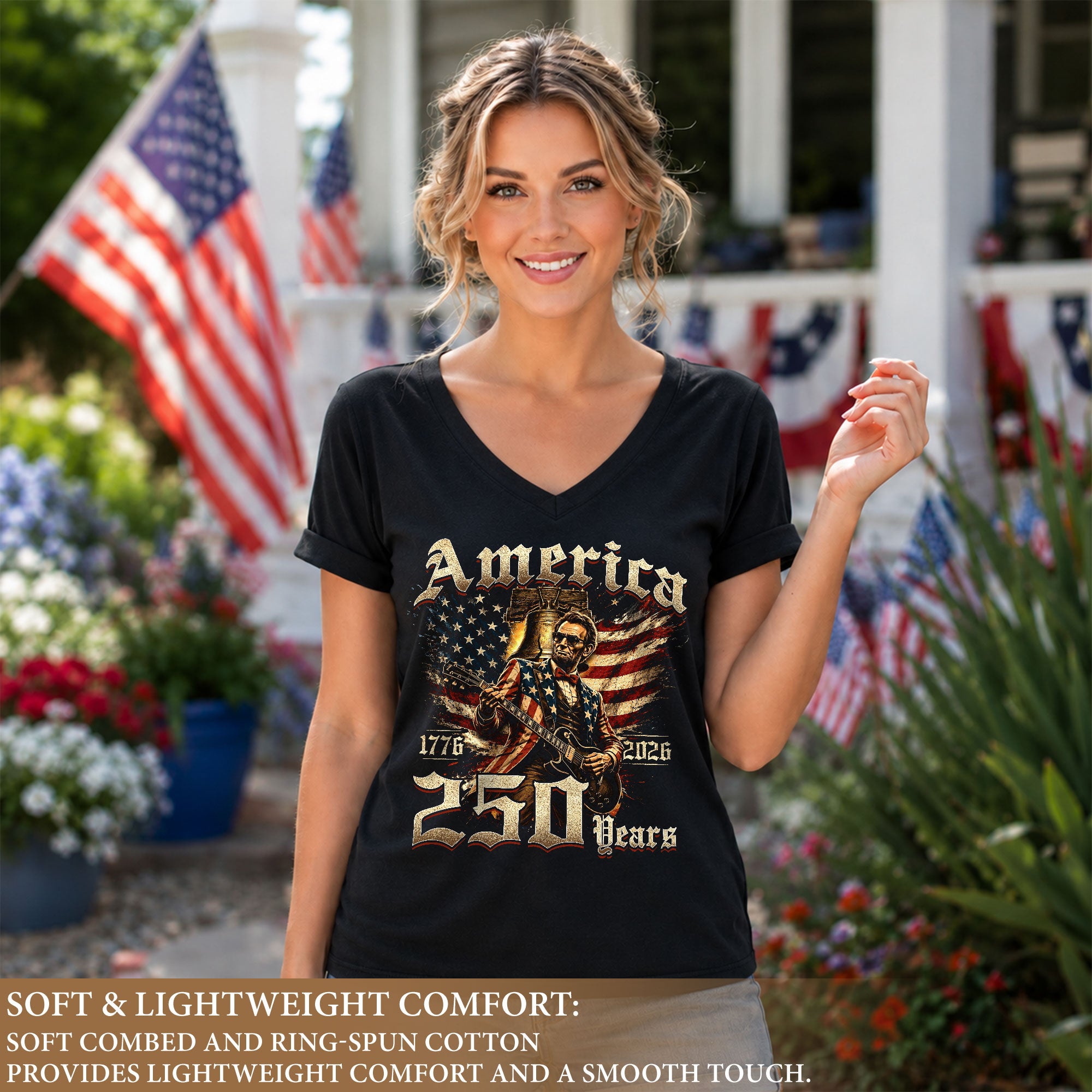 Lincoln Guitar V Neck Women T-Shirt Retro Aesthetic Patriotic 1776-2026 America 250 Years