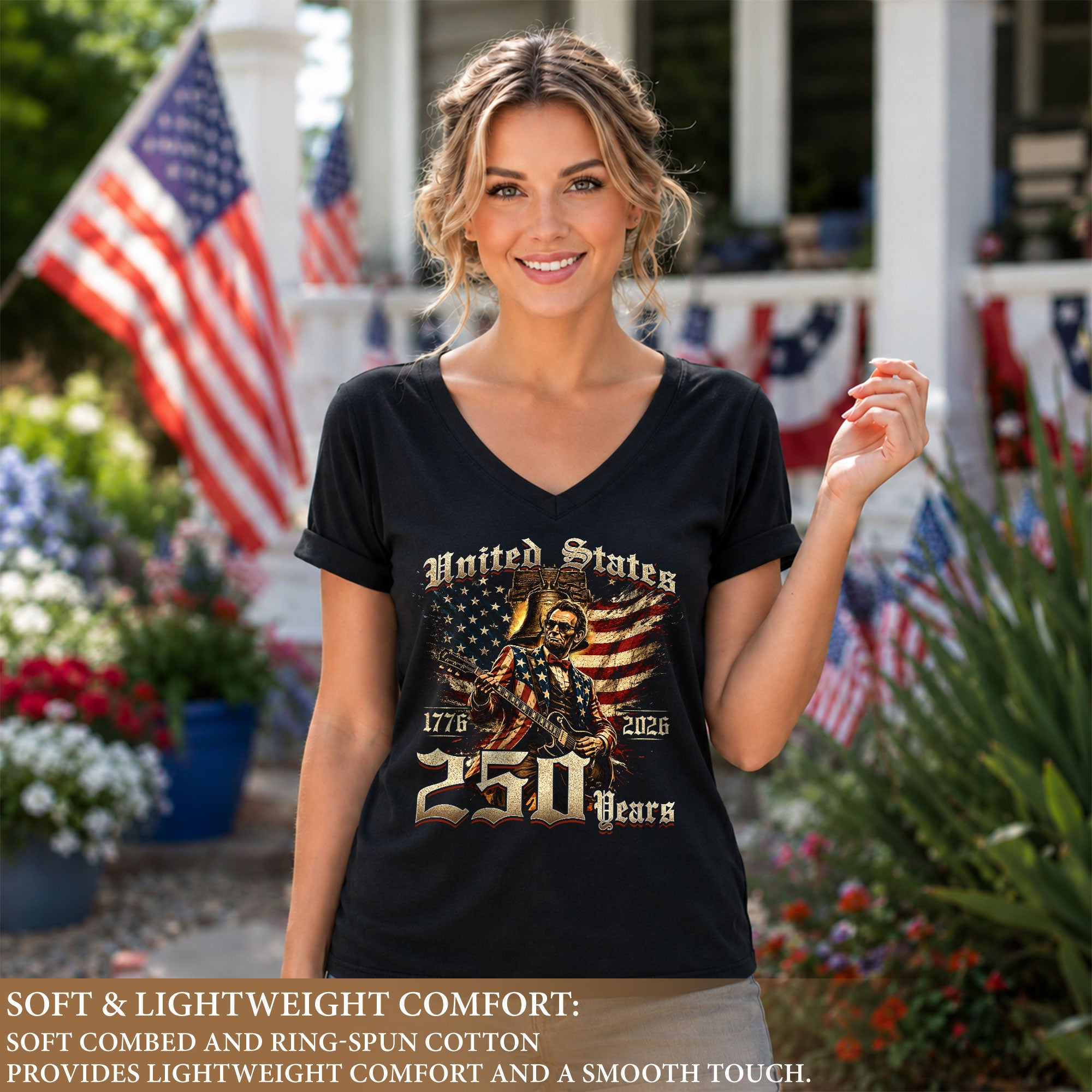 Lincoln Guitar V Neck Women T-Shirt Retro Aesthetic Patriotic 1776-2026 America 250 Years