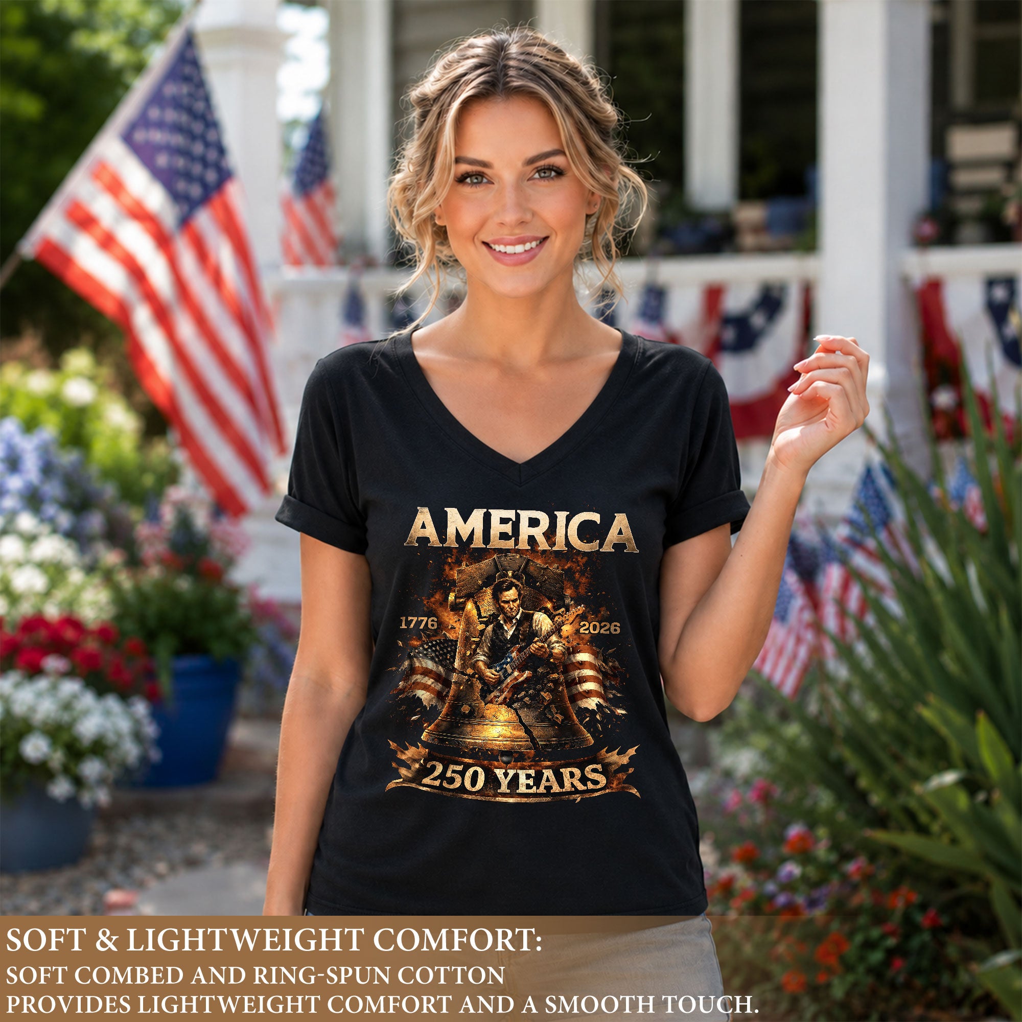 Liberty Bell Guitar V Neck Women T-Shirt Patriotic 1776-2026 America 250 Years Black Tee