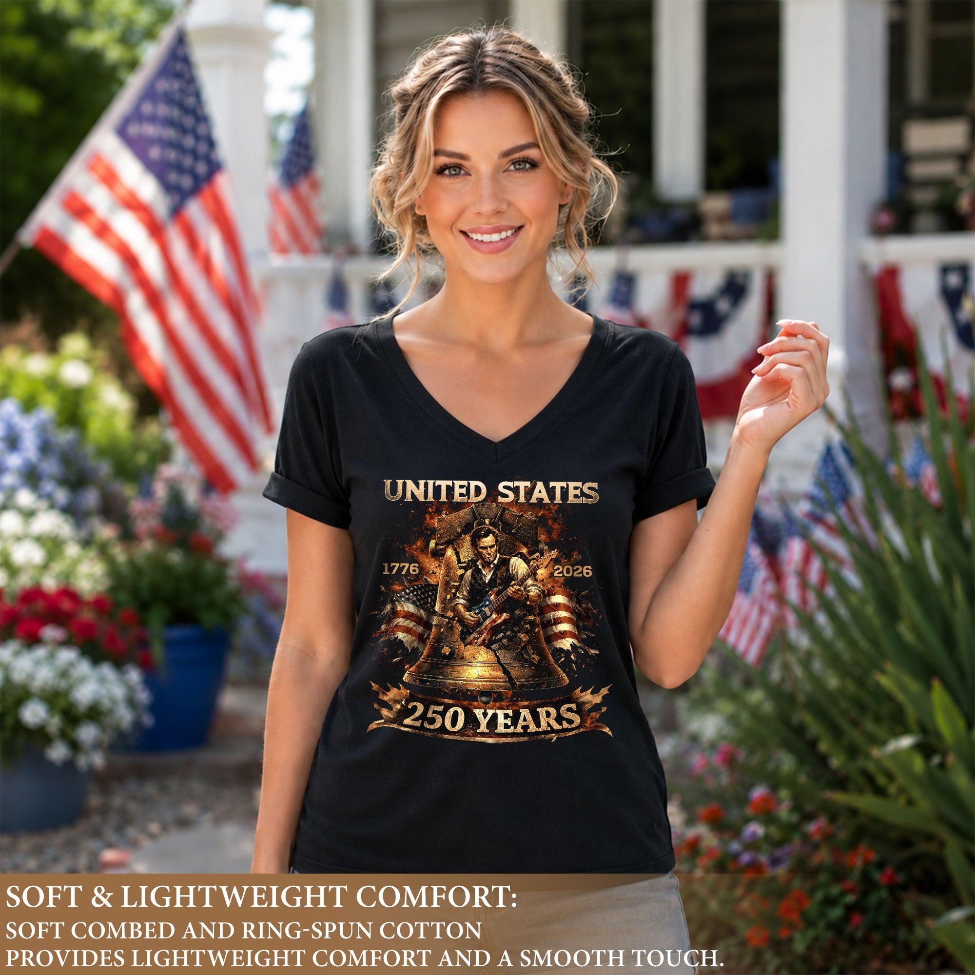 Liberty Bell Guitar V Neck Women T-Shirt Patriotic 1776-2026 America 250 Years Black Tee