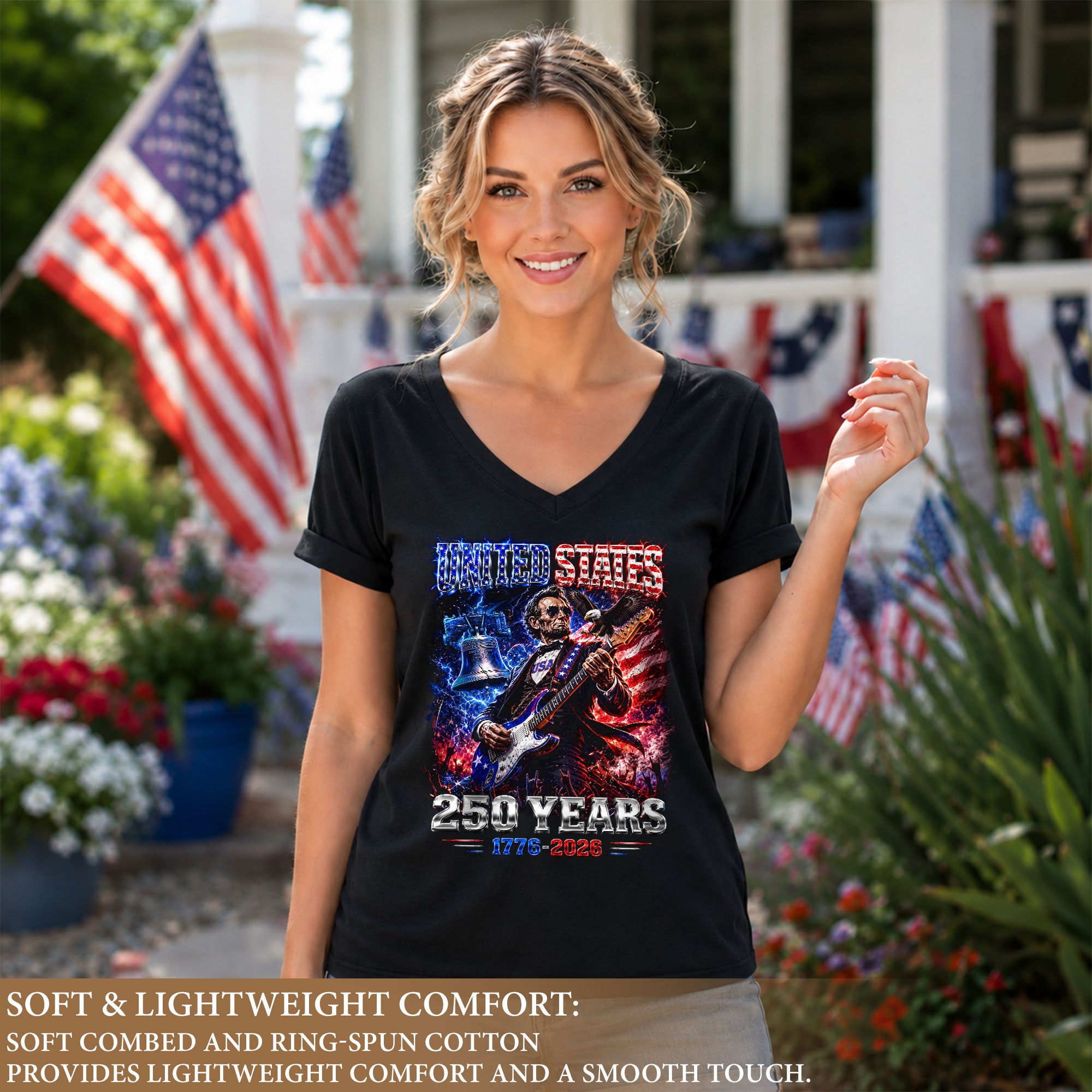 Vintage Abraham Lincoln Rocker V-neck Shirt - Patriotic USA 1776-2026 Graphic Apparel